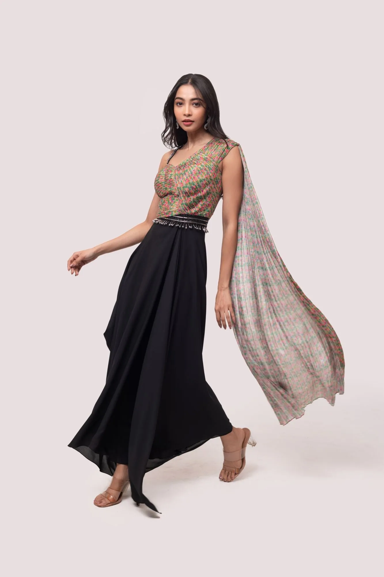 50Z955-RO Multicolor Georgette Top with Black Asymmetric Skirt