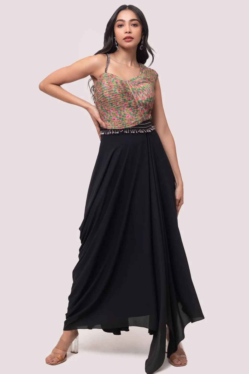 50Z955-RO Multicolor Georgette Top with Black Asymmetric Skirt