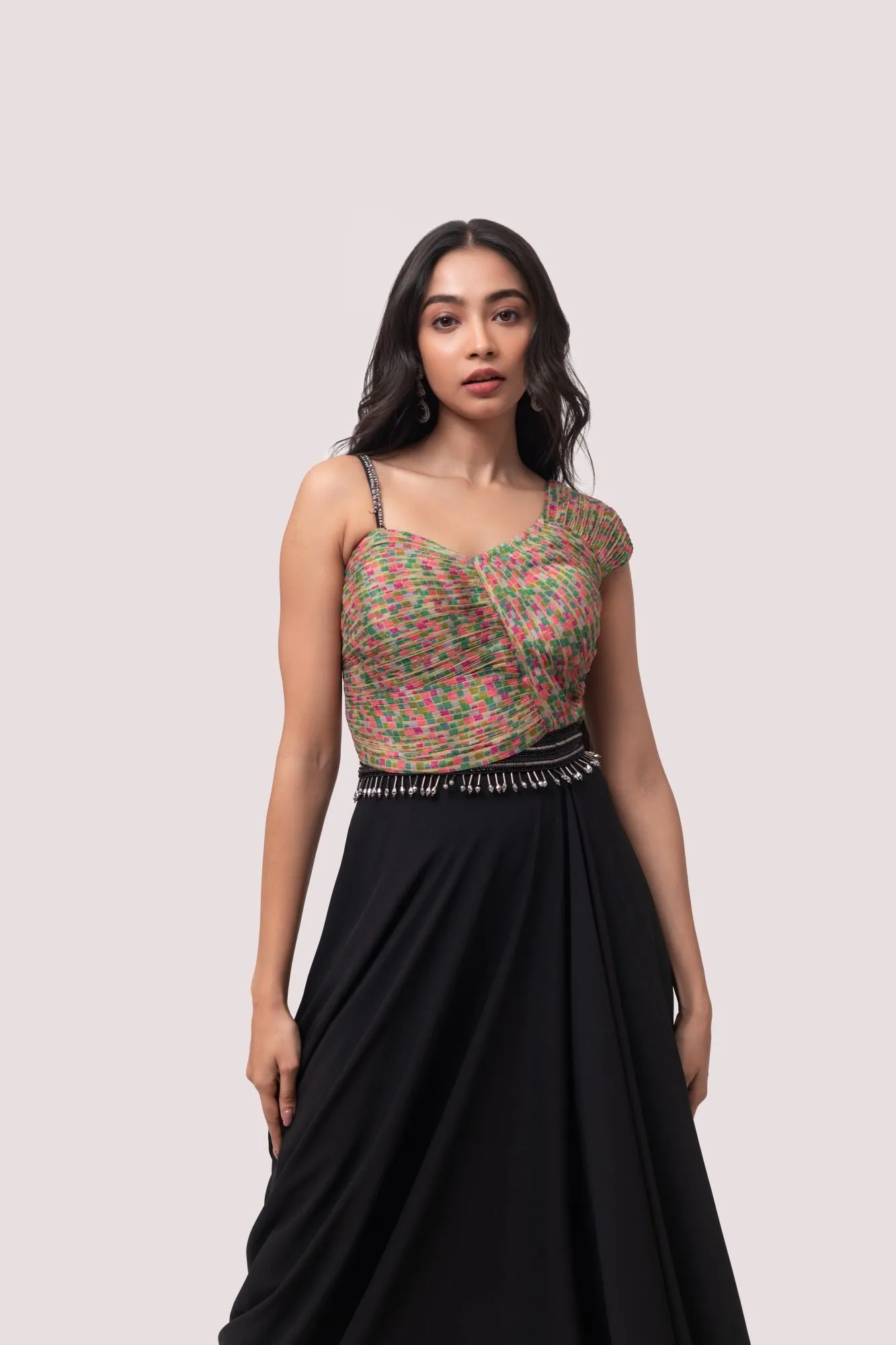 50Z955-RO Multicolor Georgette Top with Black Asymmetric Skirt