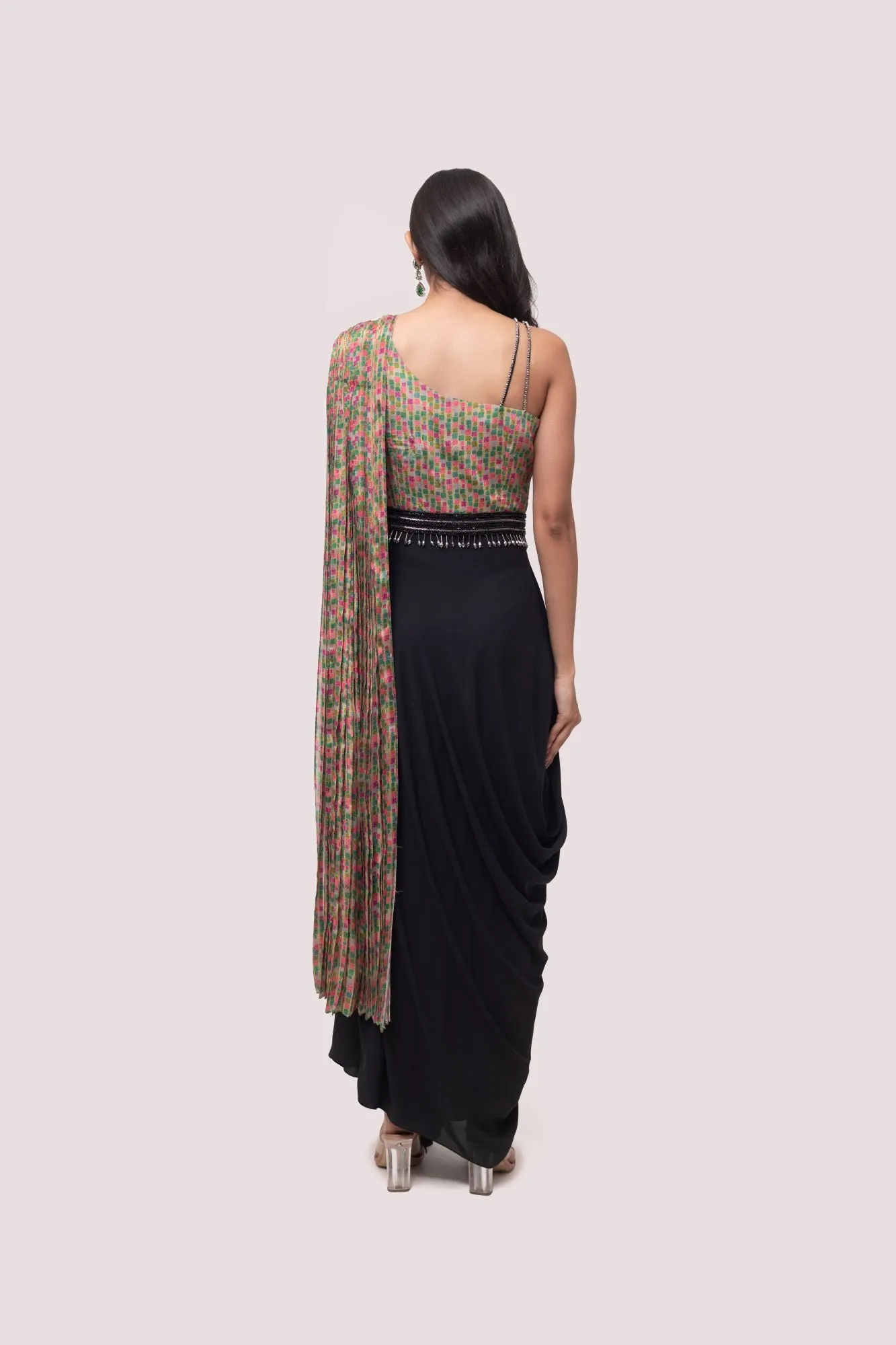 50Z955-RO Multicolor Georgette Top with Black Asymmetric Skirt