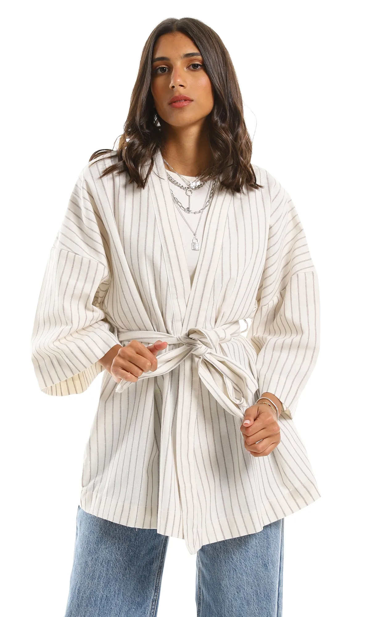 97339 Striped Long Sleeve Cardigan With Shiny Detailing - Multicolor