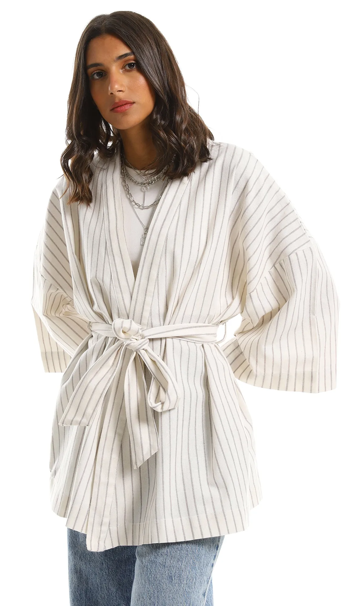 97339 Striped Long Sleeve Cardigan With Shiny Detailing - Multicolor