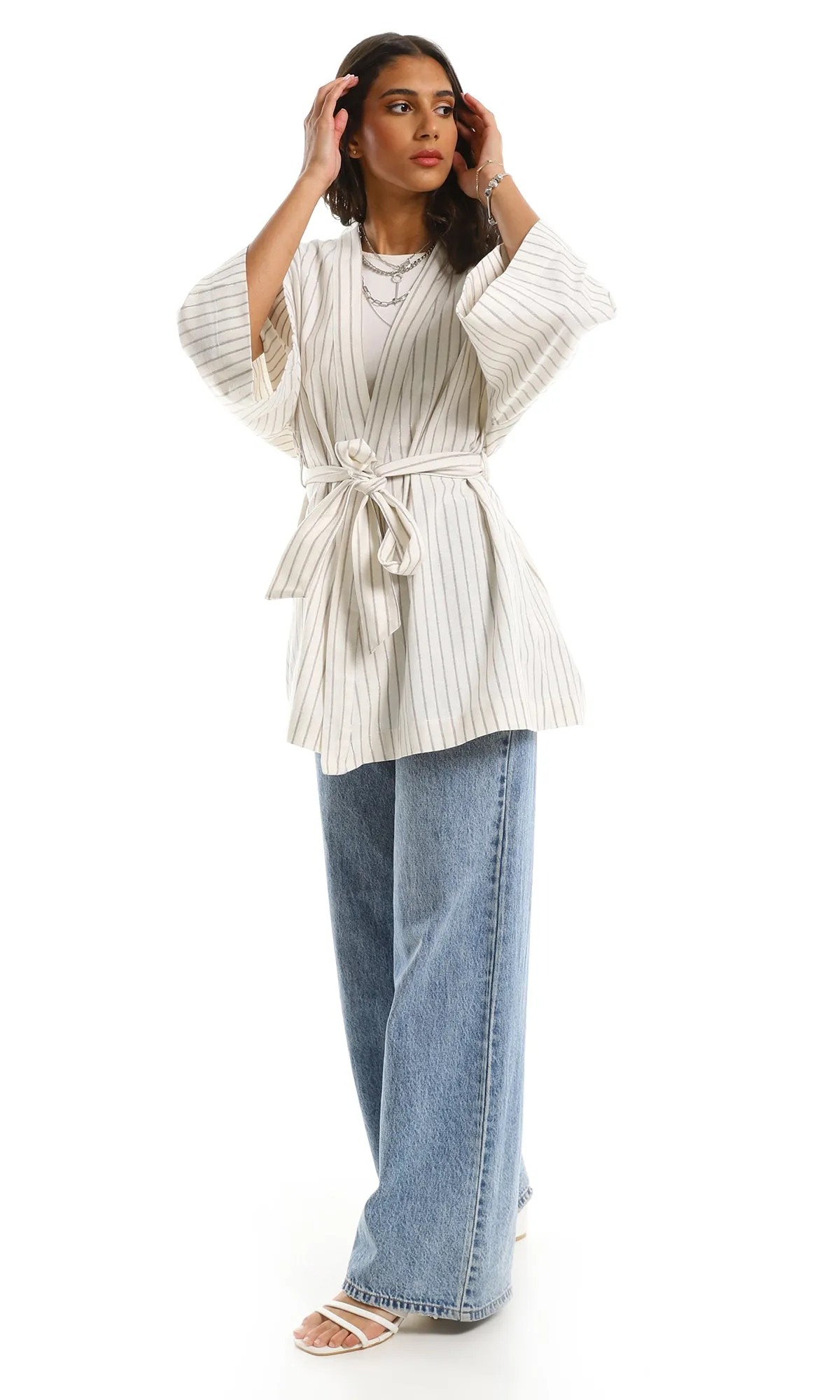 97339 Striped Long Sleeve Cardigan With Shiny Detailing - Multicolor