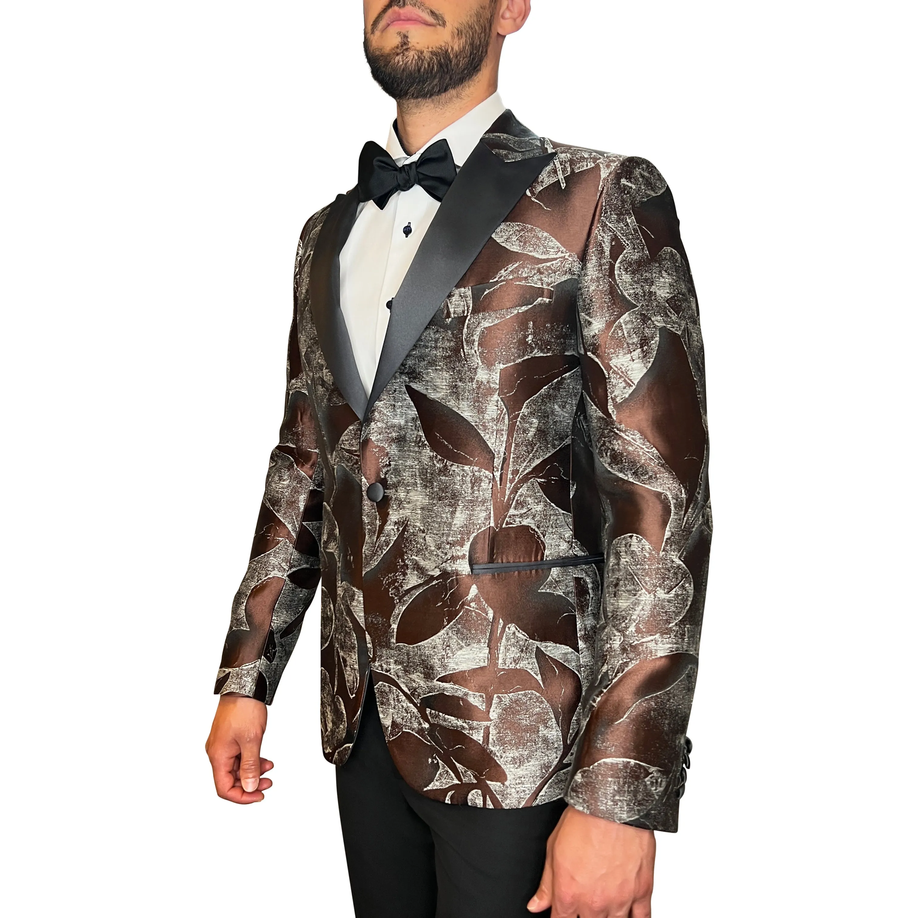 Abstract Floral Design Peak Lapel Tuxedo Jacket - Brown