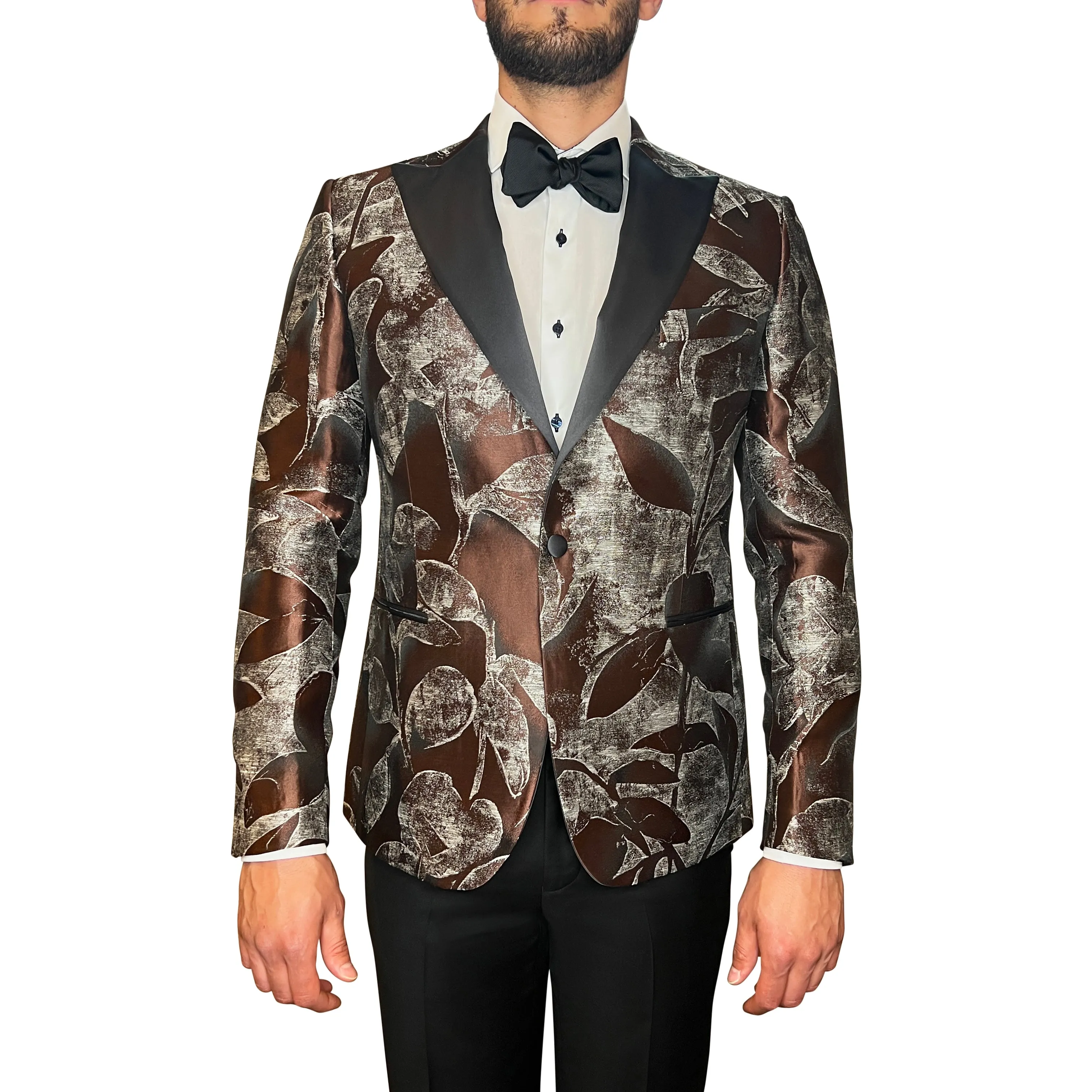 Abstract Floral Design Peak Lapel Tuxedo Jacket - Brown