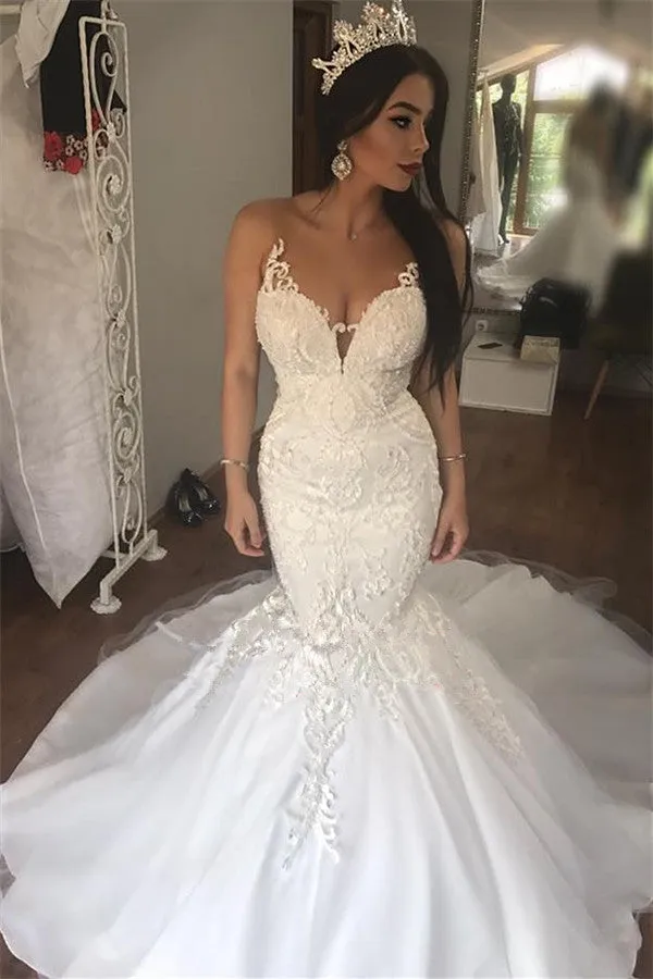 Amazing Lace Mermaid Sleeveless Buttons Long Wedding Dress