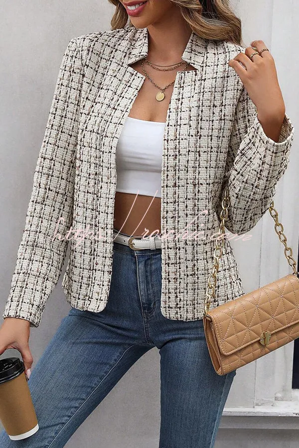 Ask You Out Tweed Plaid Long Sleeve Open Front Blazer