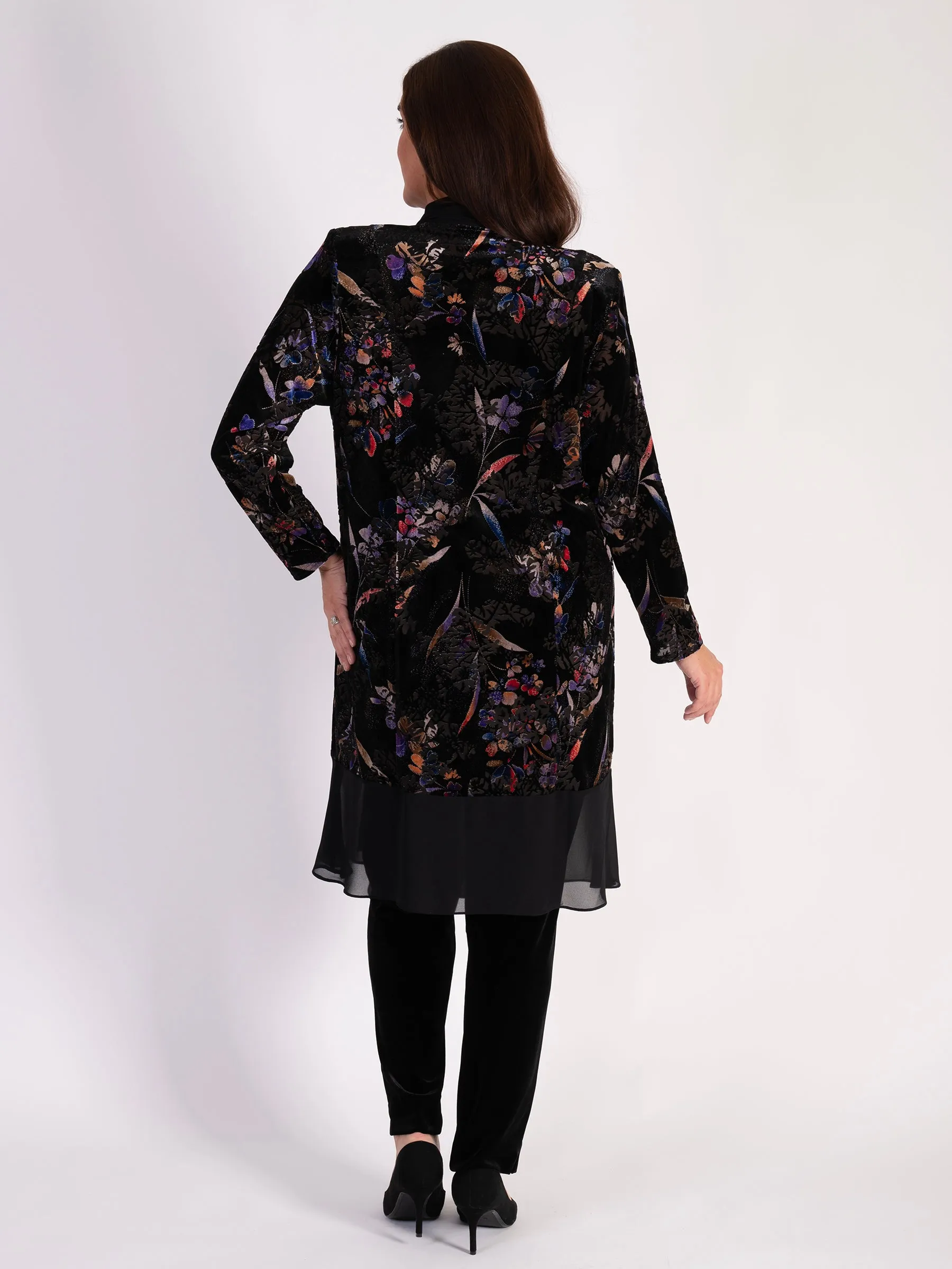 Black and Multi Floral Velvet Devoré Long Coat with Chiffon Trim