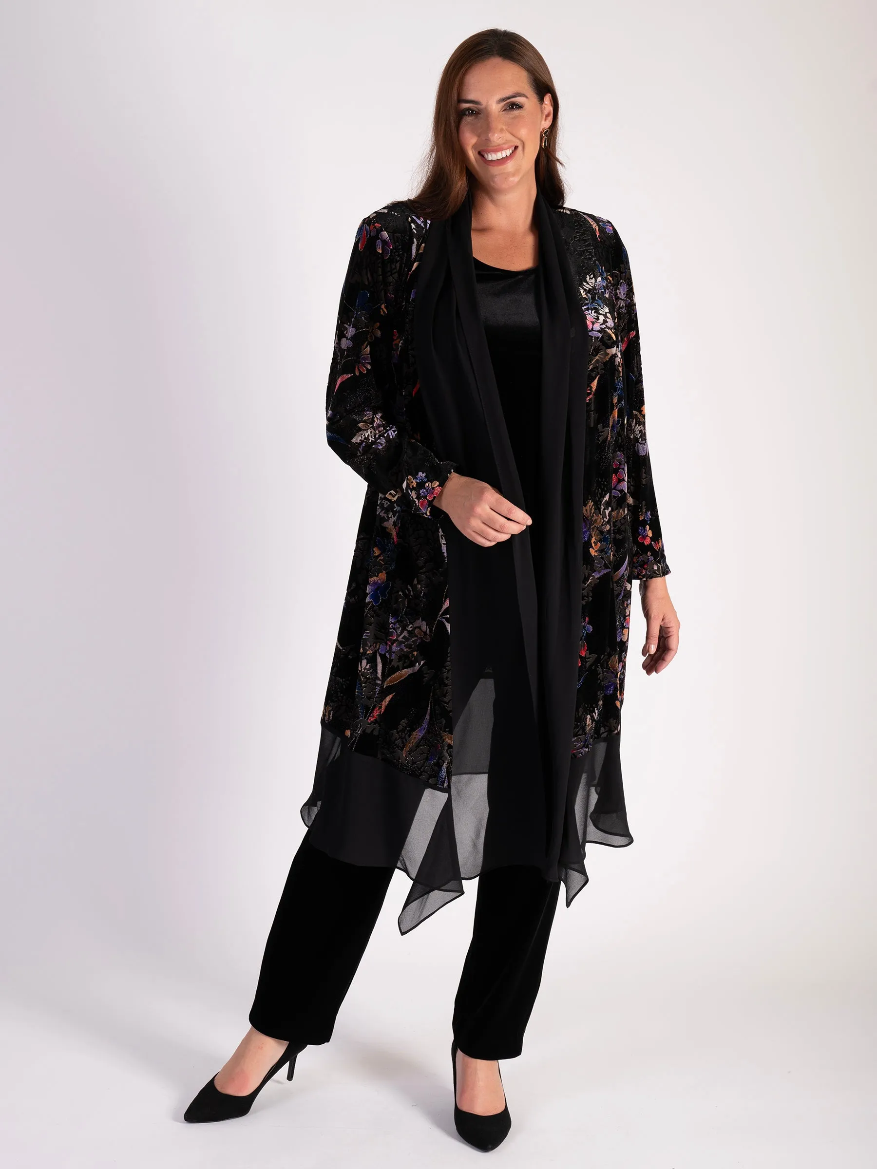 Black and Multi Floral Velvet Devoré Long Coat with Chiffon Trim