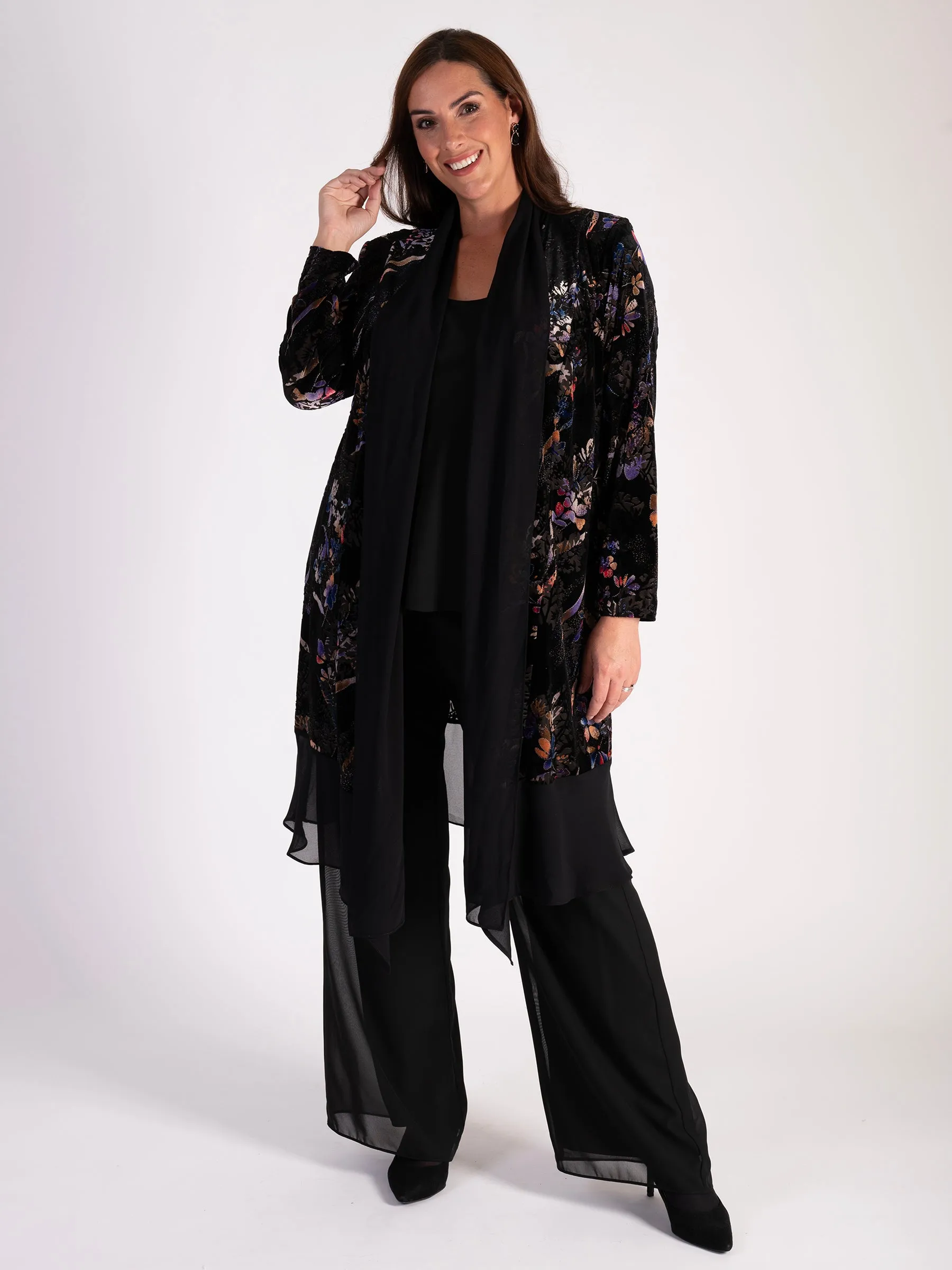 Black and Multi Floral Velvet Devoré Long Coat with Chiffon Trim