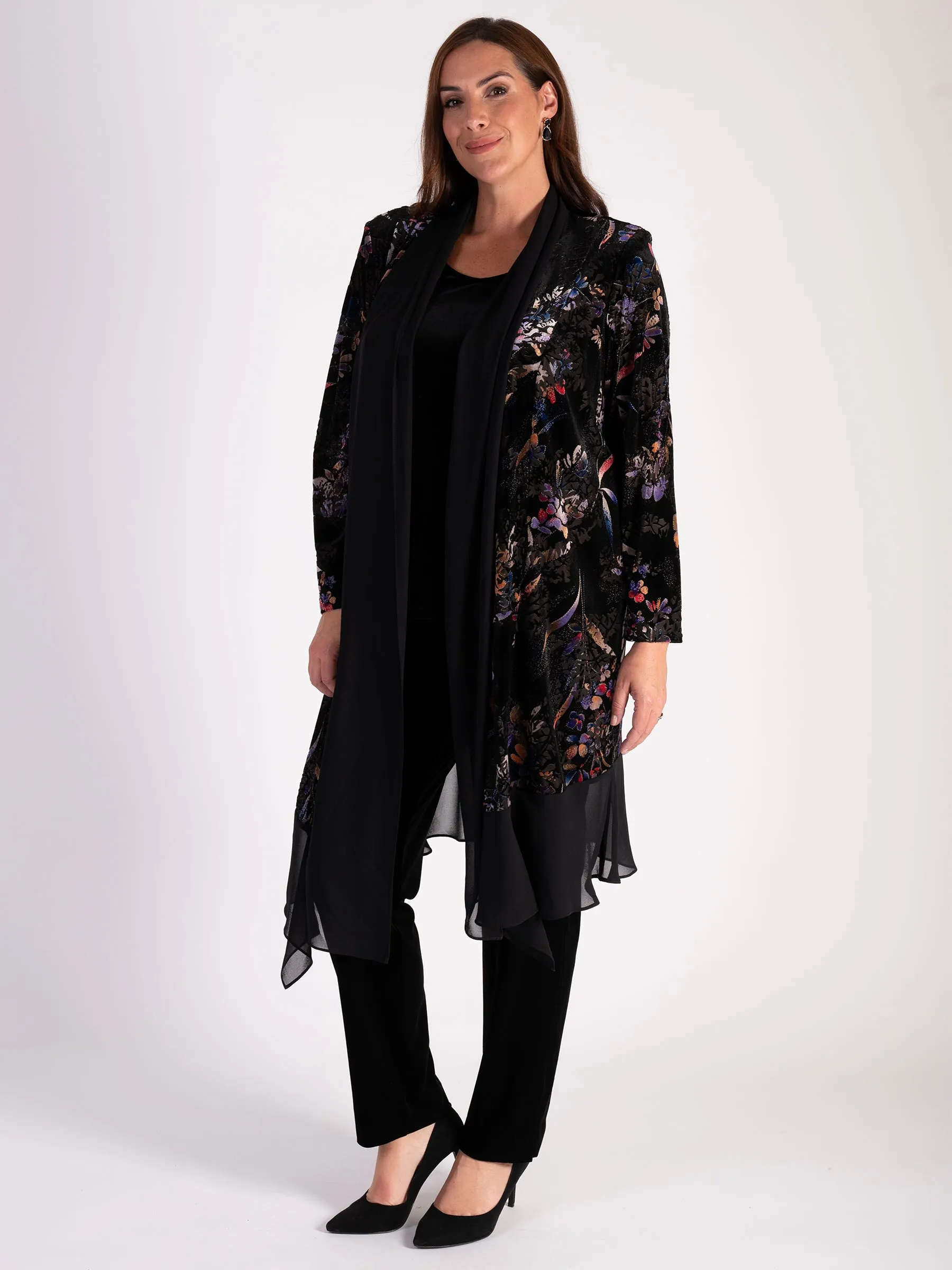 Black and Multi Floral Velvet Devoré Long Coat with Chiffon Trim