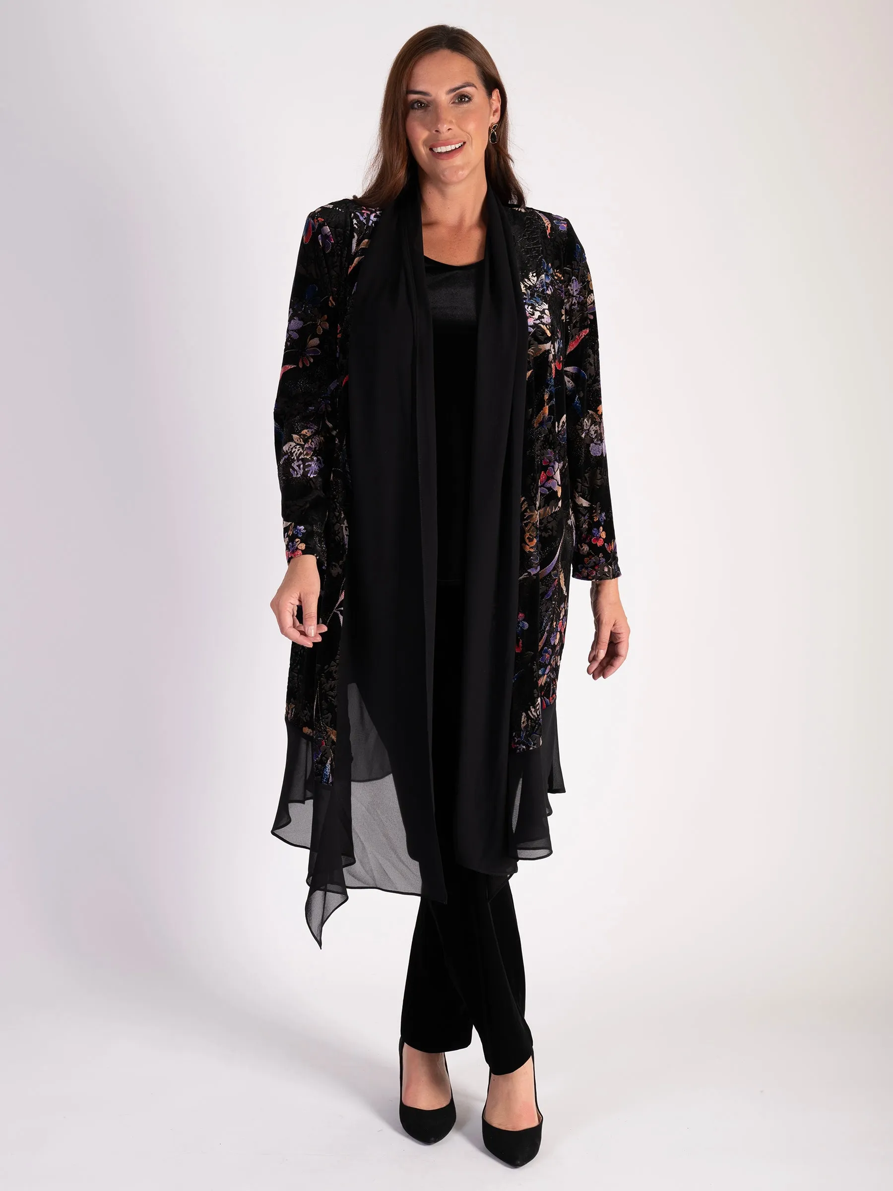 Black and Multi Floral Velvet Devoré Long Coat with Chiffon Trim