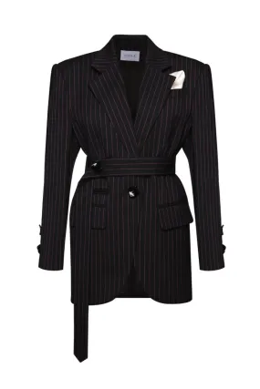 BLACK BELTED PINSTRIPE BLAZER