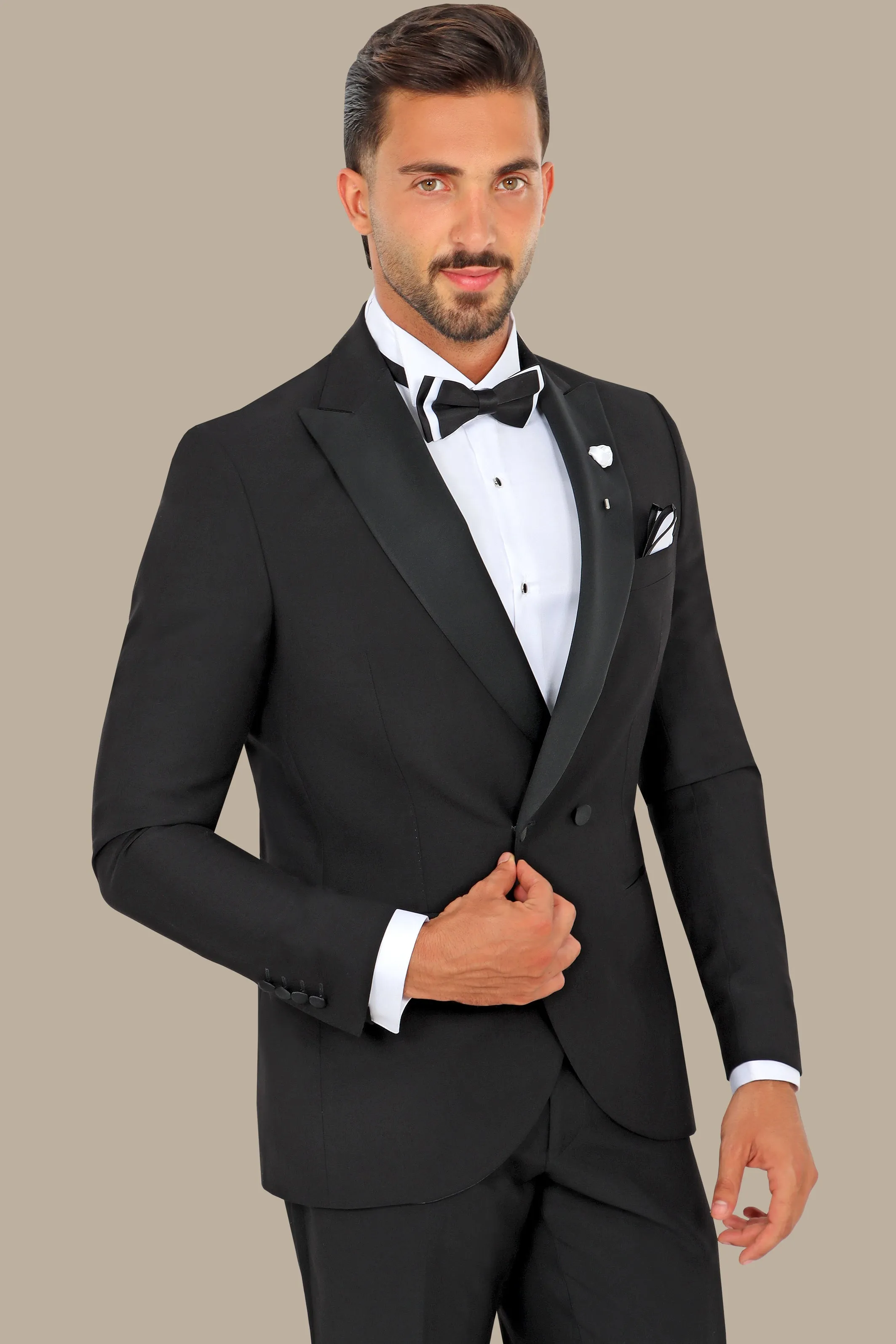 Black Double-Breasted Tuxedo with Peak Lapel - Two Button Classic