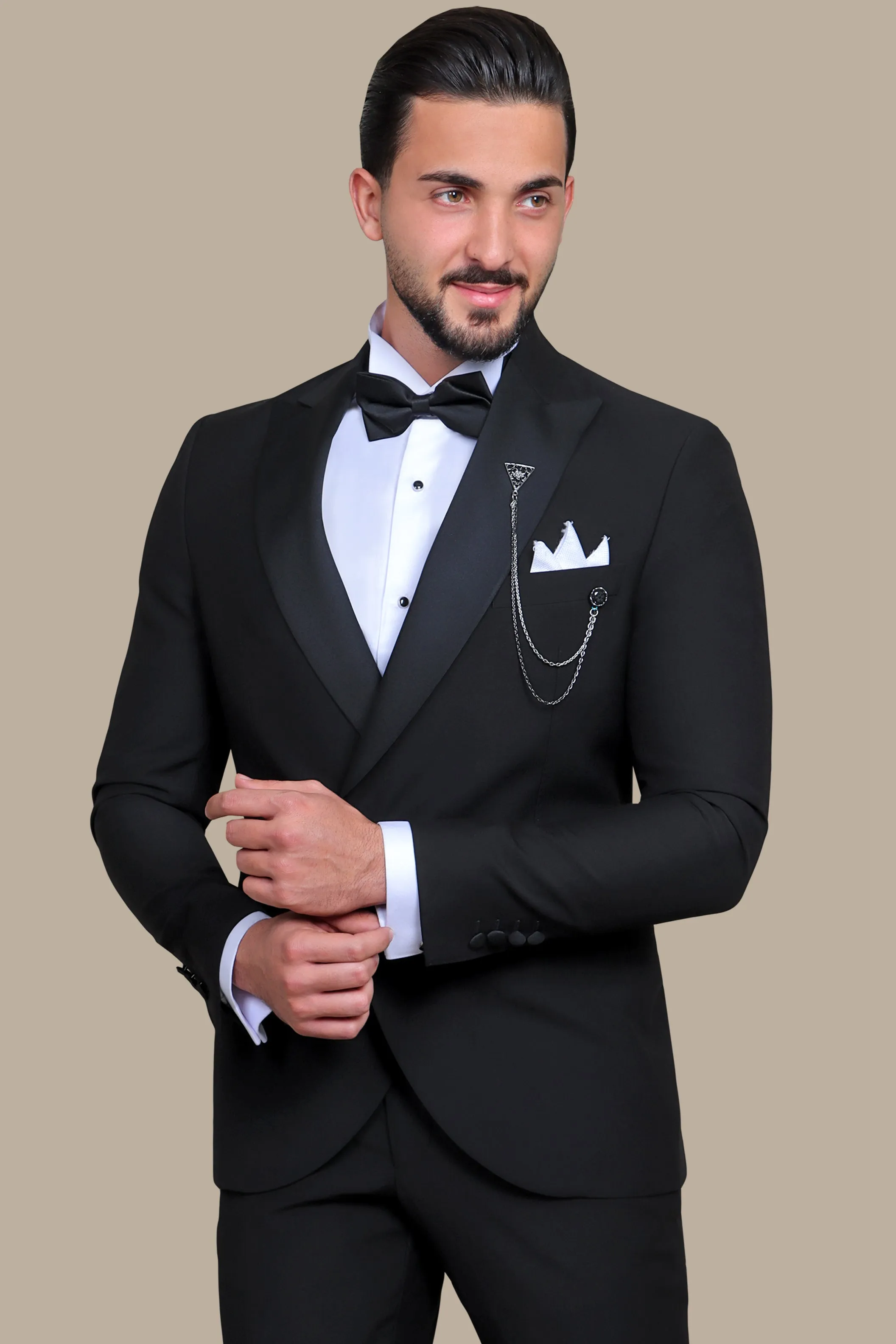 Black Double-Breasted Tuxedo with Peak Lapel - Two Button Classic