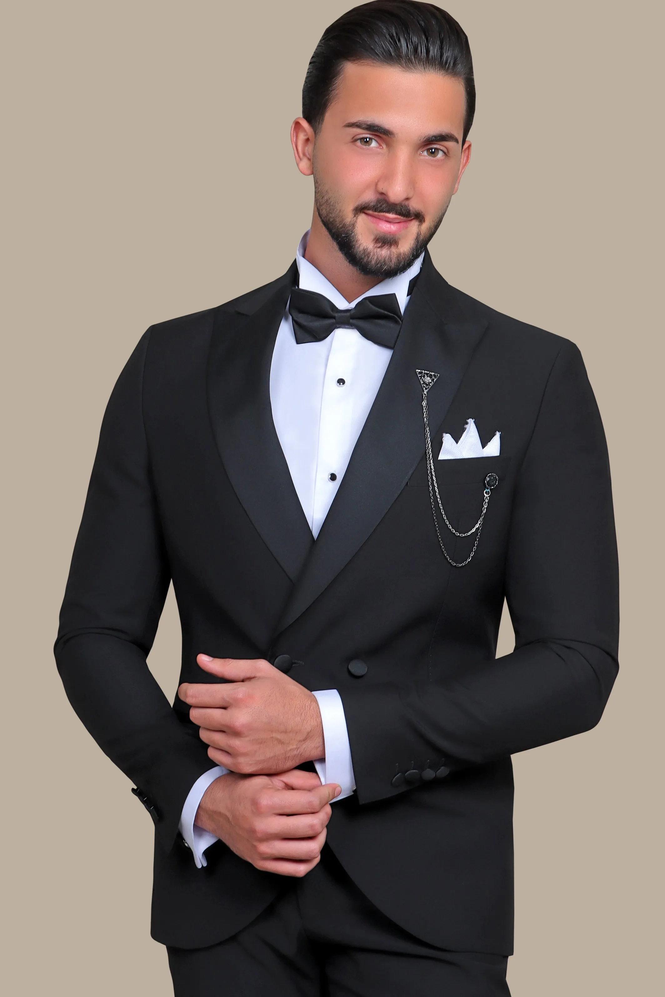 Black Double-Breasted Tuxedo with Peak Lapel - Two Button Classic