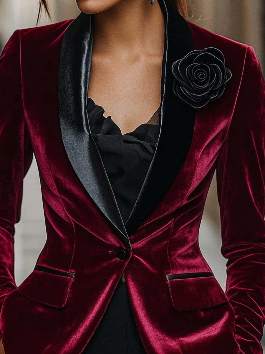 Burgundy Velvet Blazer with Satin Lapels and Black Rose Detail