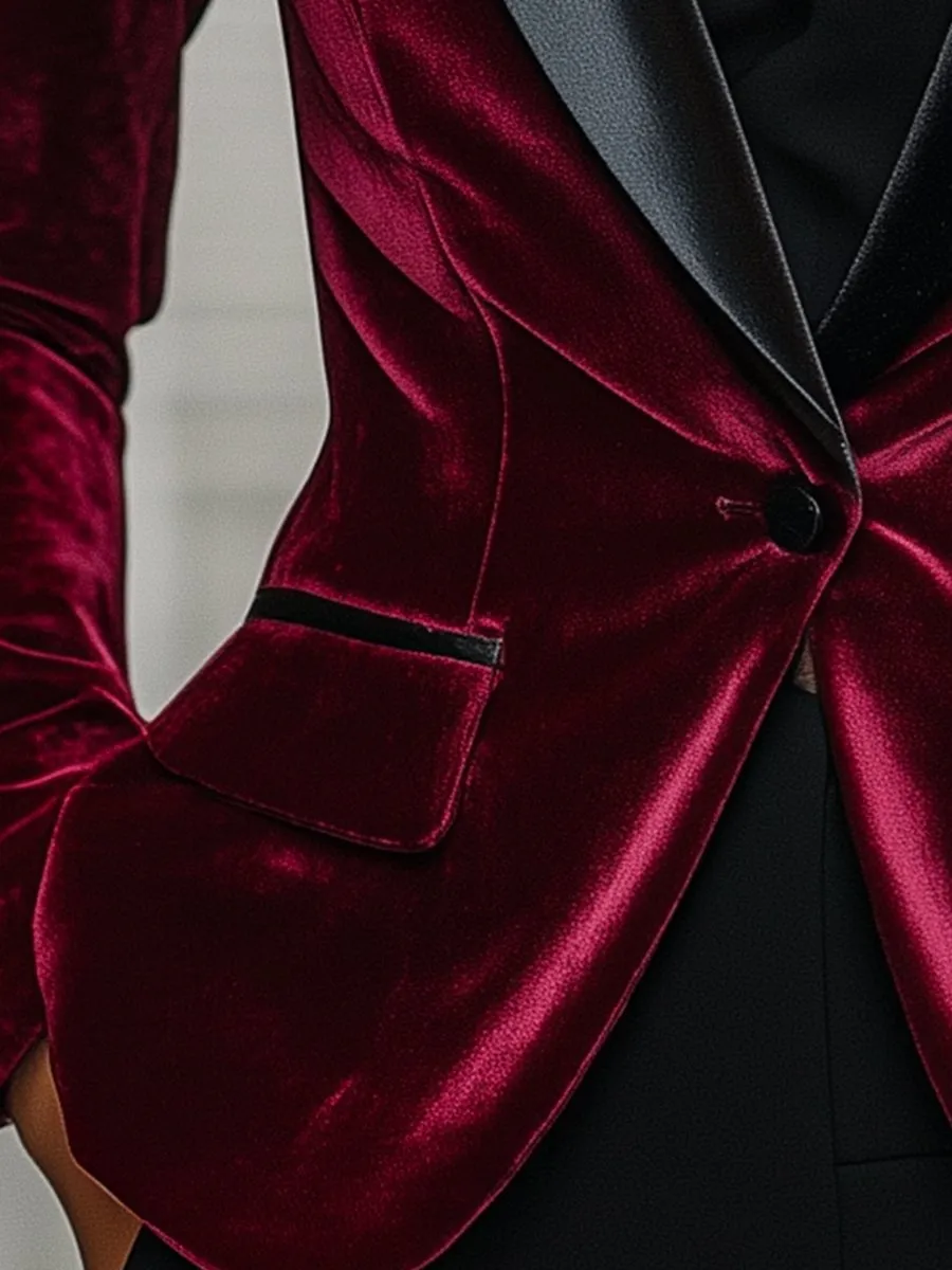 Burgundy Velvet Blazer with Satin Lapels and Black Rose Detail