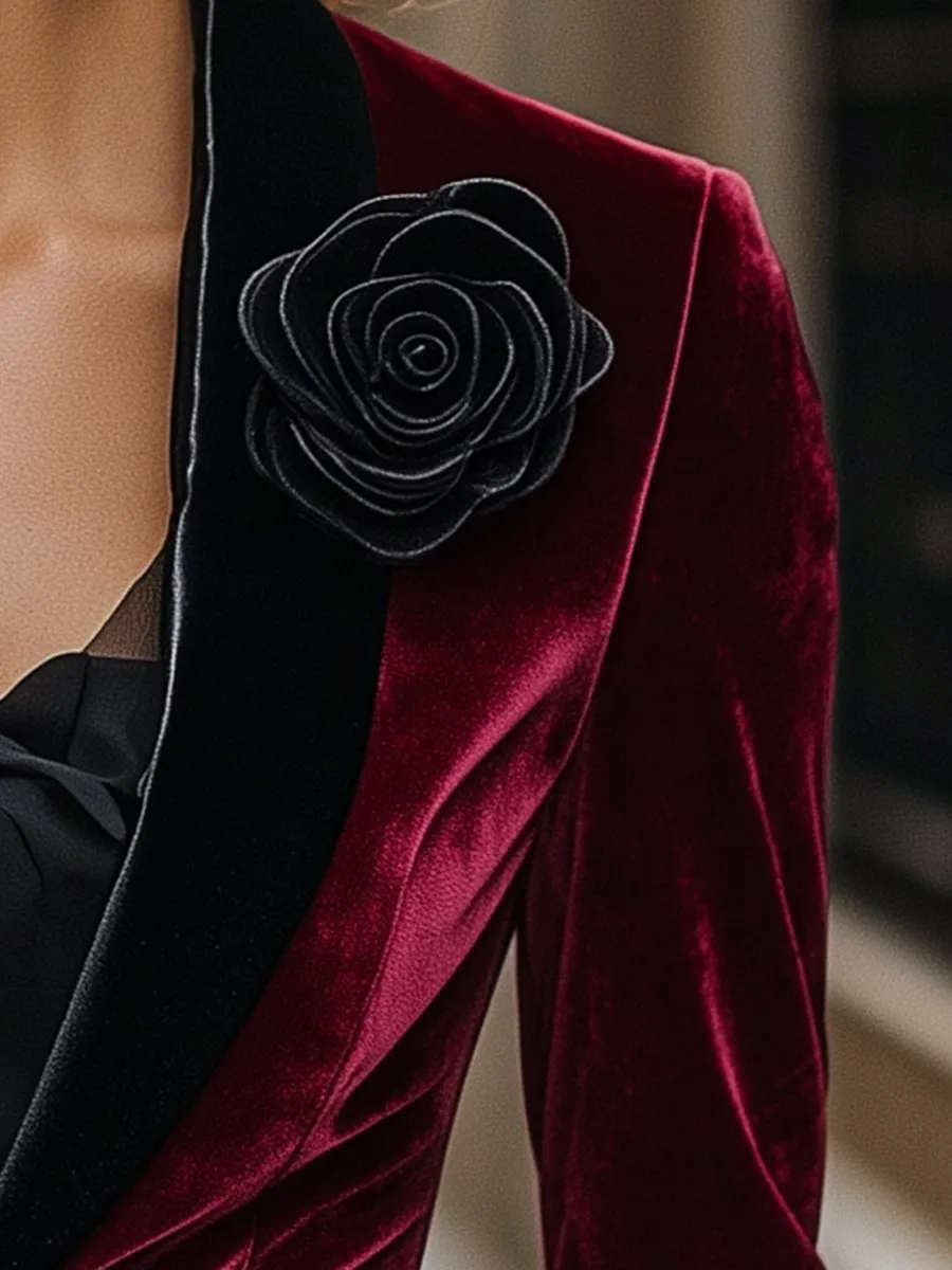 Burgundy Velvet Blazer with Satin Lapels and Black Rose Detail