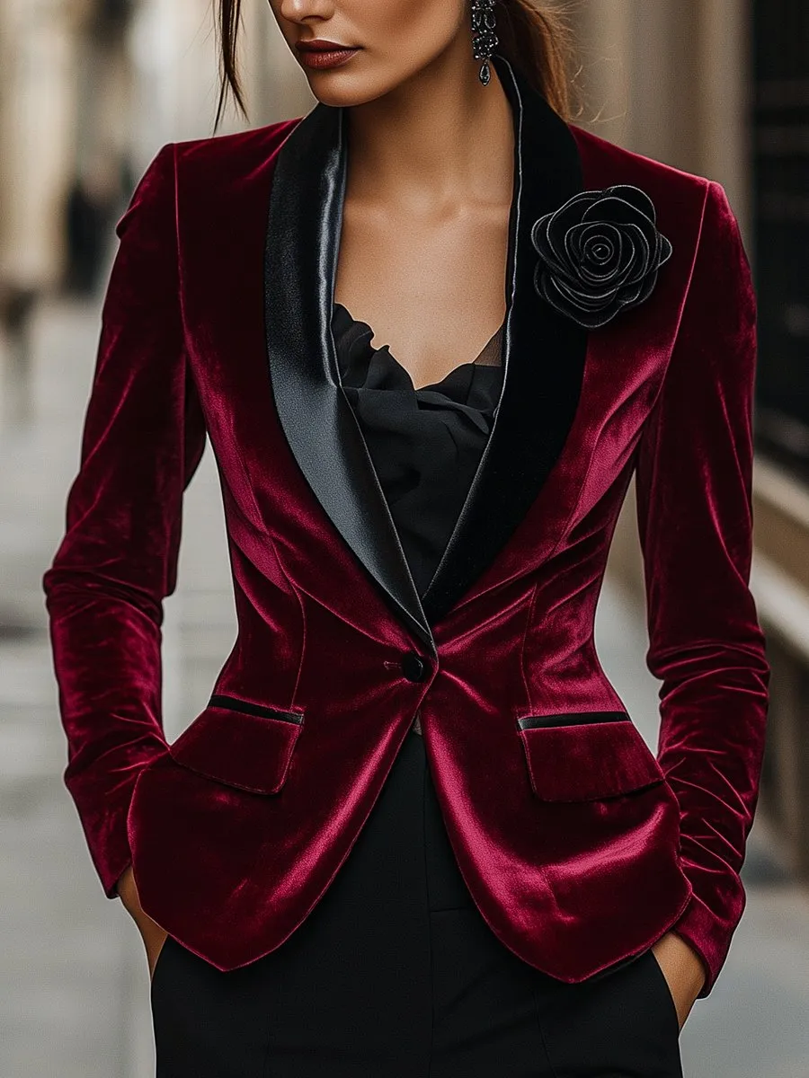 Burgundy Velvet Blazer with Satin Lapels and Black Rose Detail