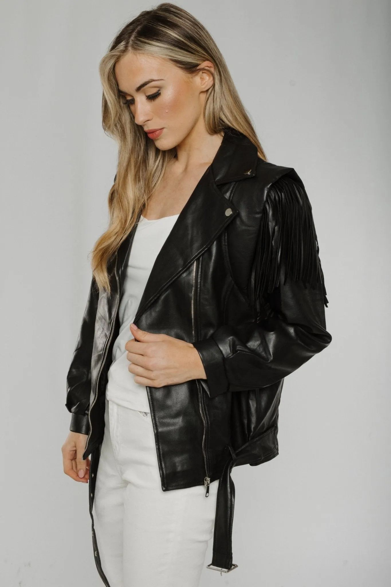 Caitlyn Fringed Leather Jacket In Black