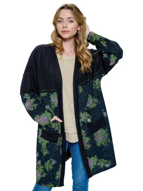 Cardigan Loose Fit Floral Ribbed Handstitched Accents