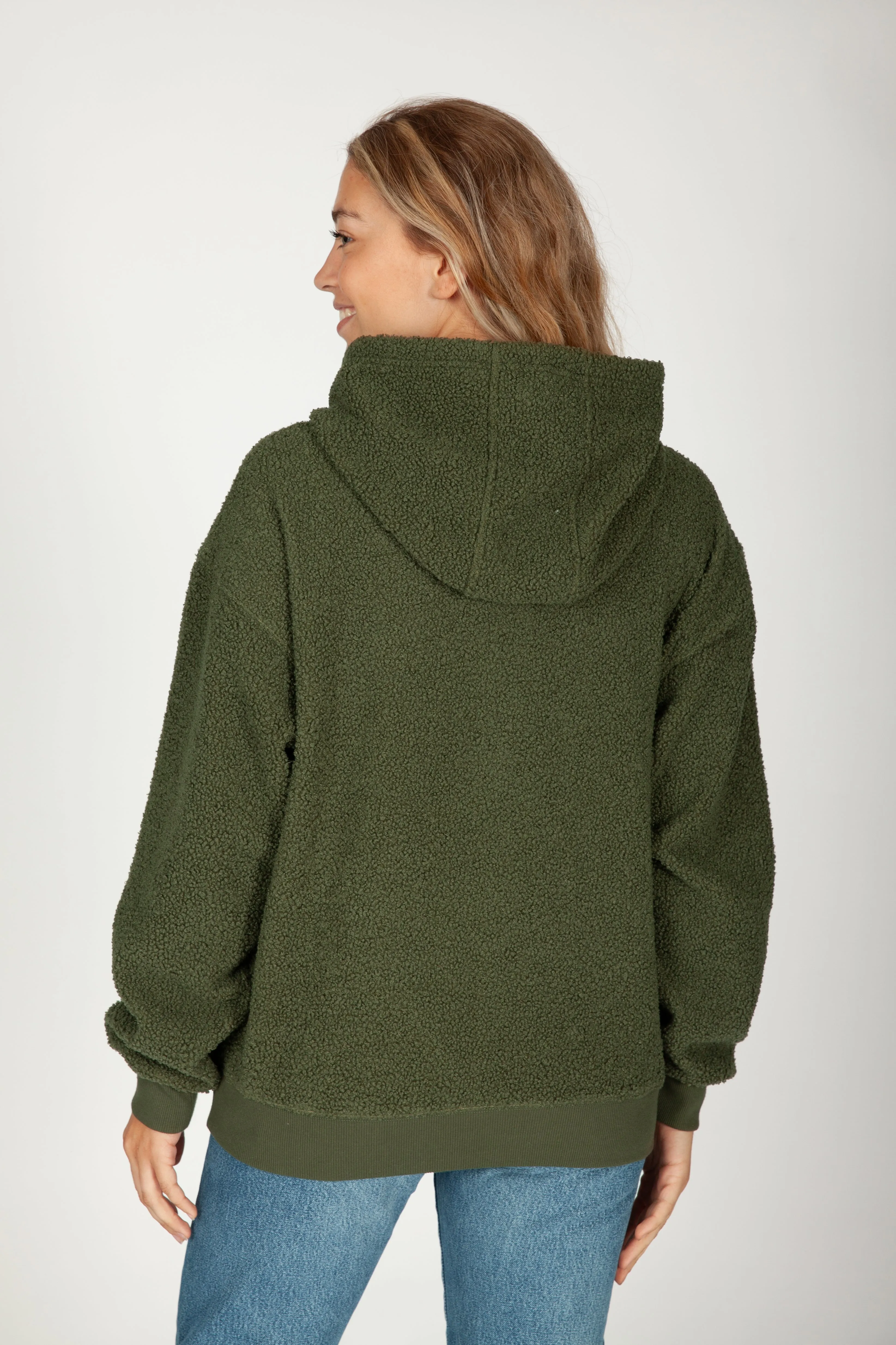 Chlo Relaxed Fit Teddy Sherpa Hoodie in Winter Moss