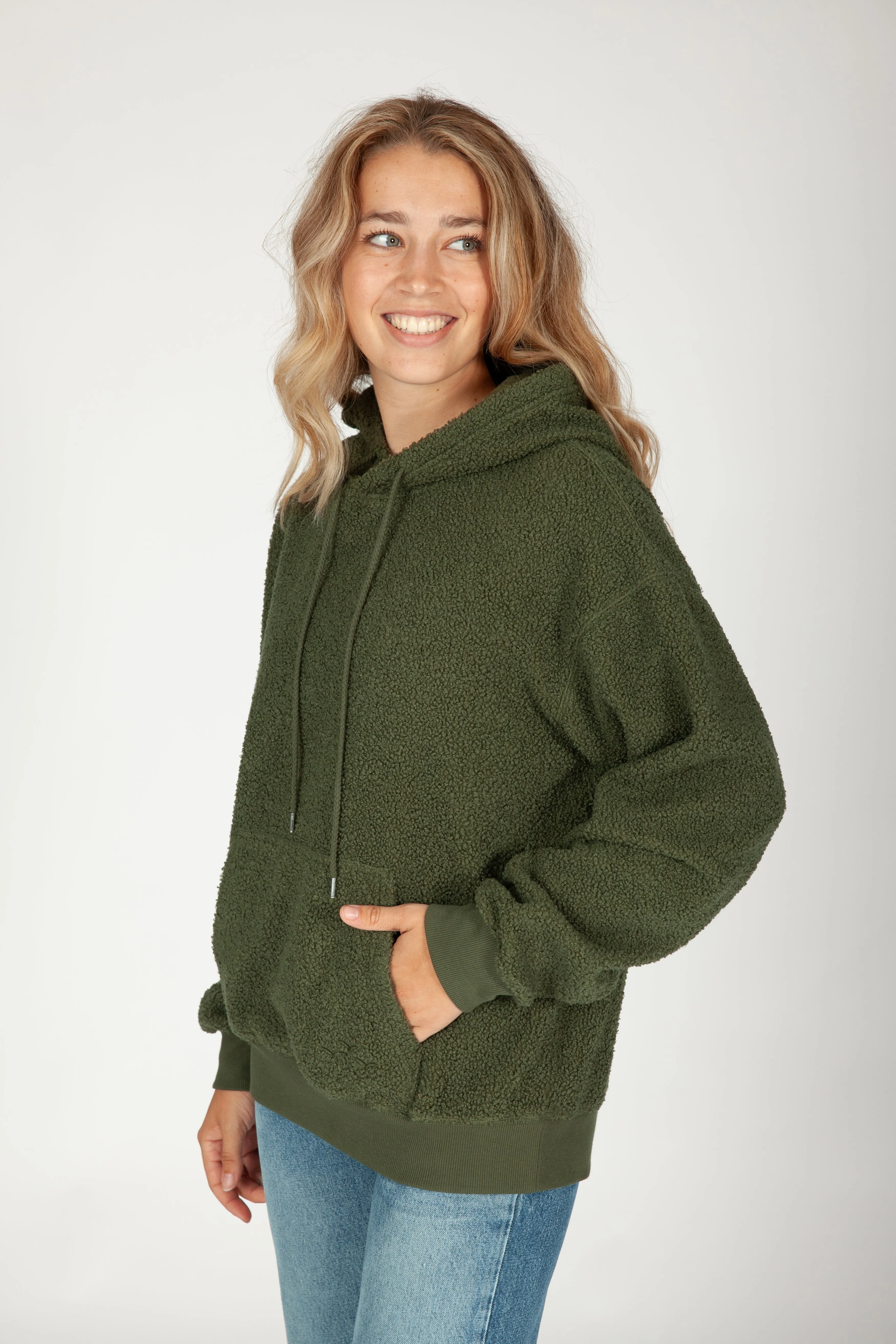 Chlo Relaxed Fit Teddy Sherpa Hoodie in Winter Moss