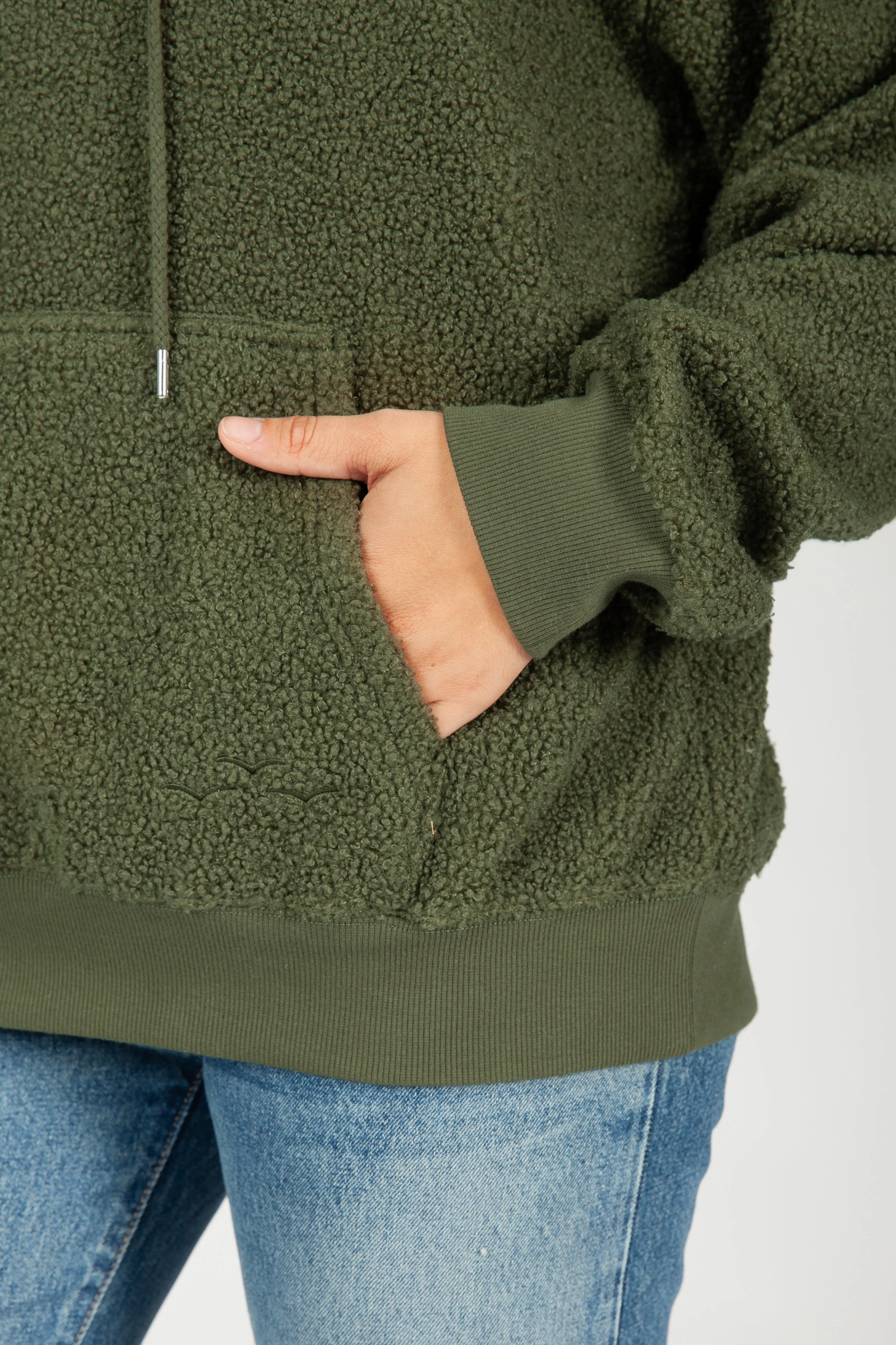 Chlo Relaxed Fit Teddy Sherpa Hoodie in Winter Moss