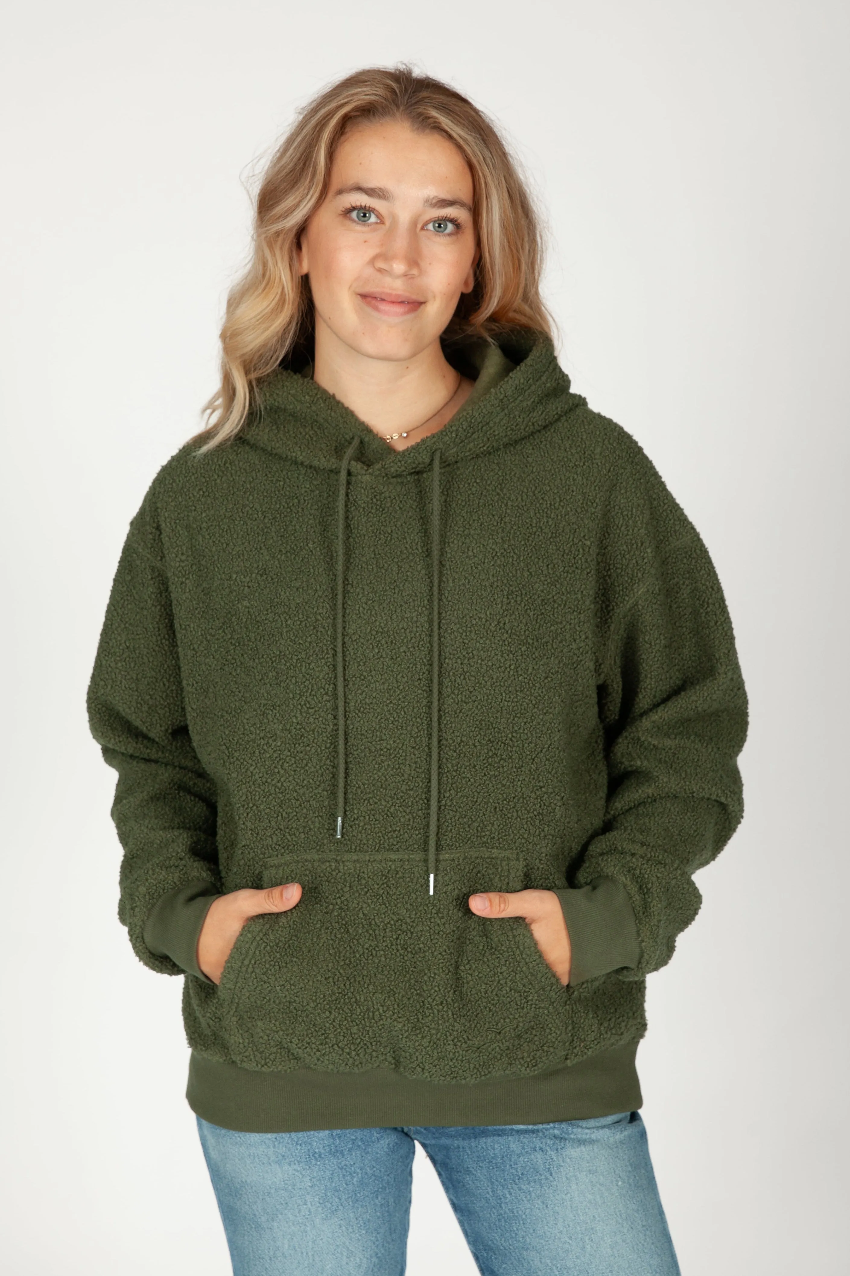 Chlo Relaxed Fit Teddy Sherpa Hoodie in Winter Moss