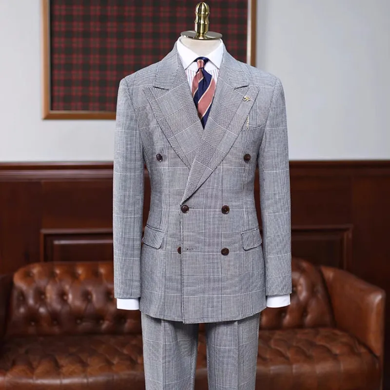 Christopher Refined Gray Checkered Peak Lapel Double-Breasted Business Suit