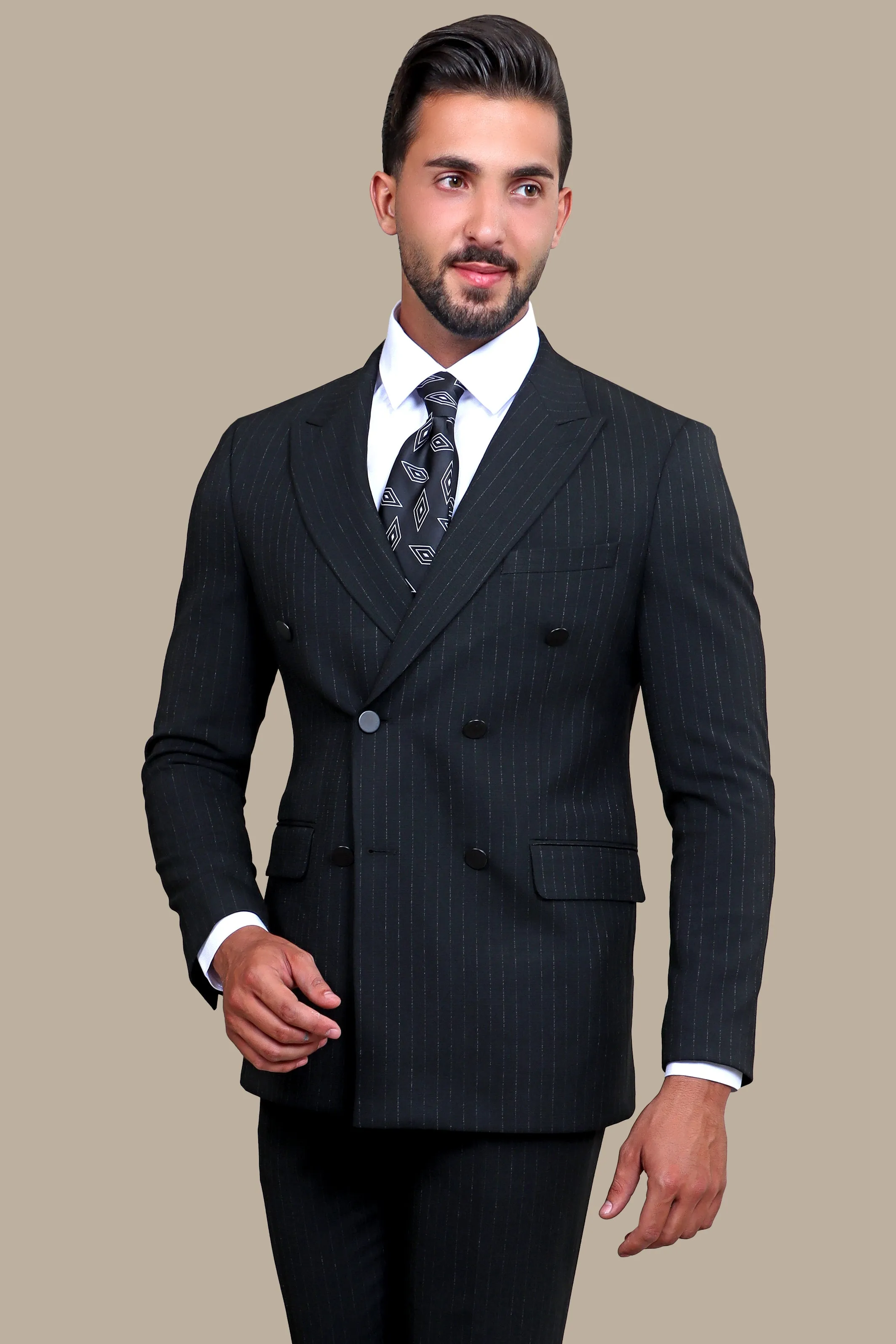 Classic Elegance: Black Double-Breasted Suit with Timeless Stripes