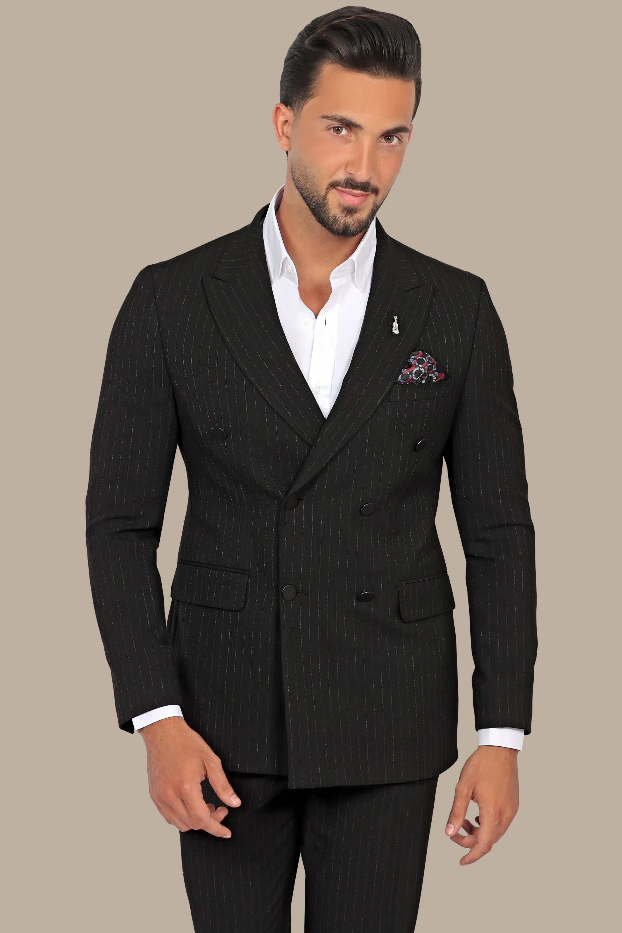 Classic Elegance: Black Double-Breasted Suit with Timeless Stripes