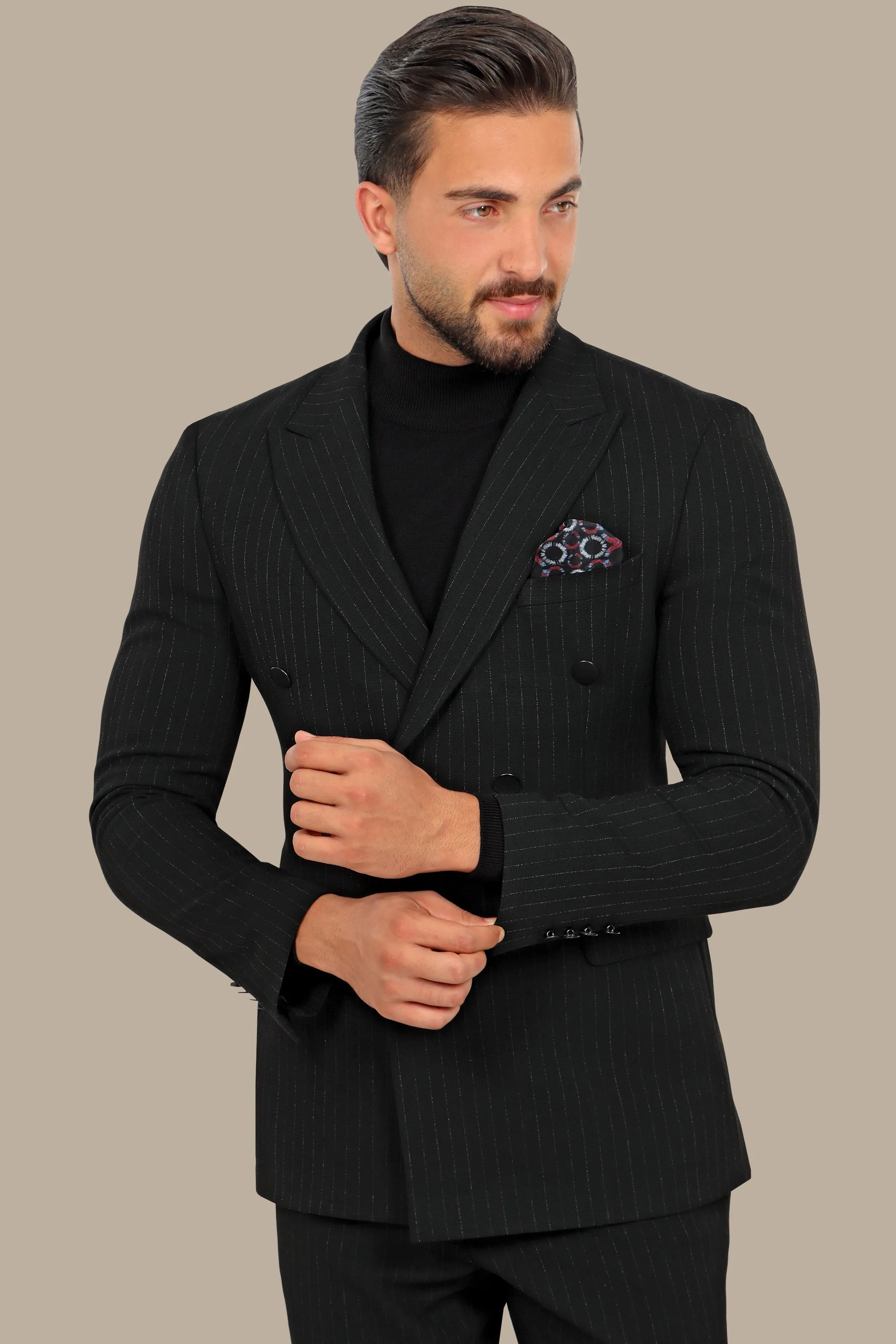 Classic Elegance: Black Double-Breasted Suit with Timeless Stripes