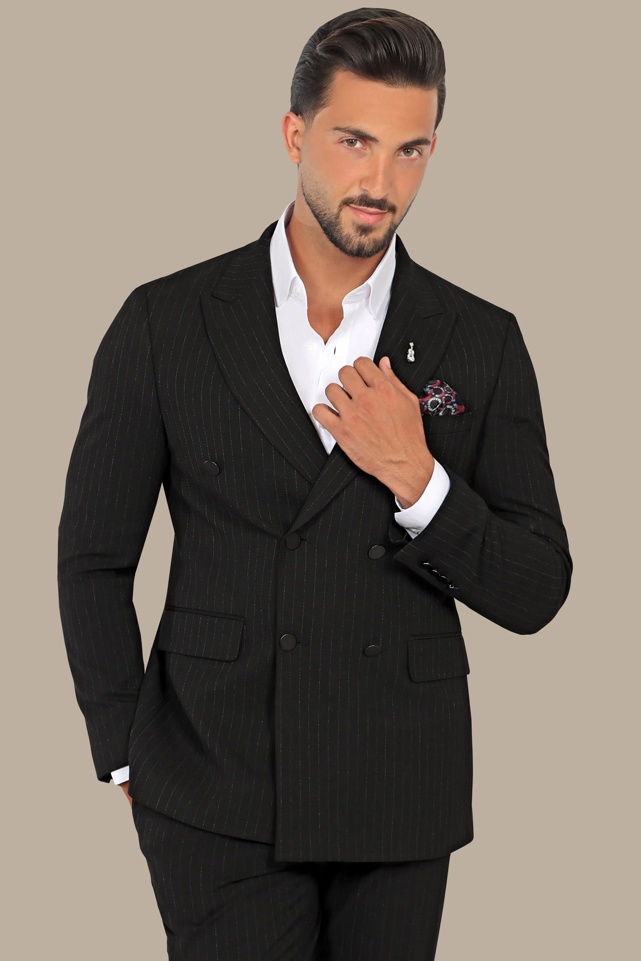 Classic Elegance: Black Double-Breasted Suit with Timeless Stripes