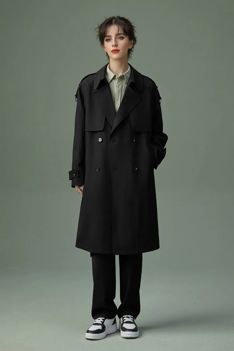 Classic London Style Mid-length Double Breasted Black Trench Coat