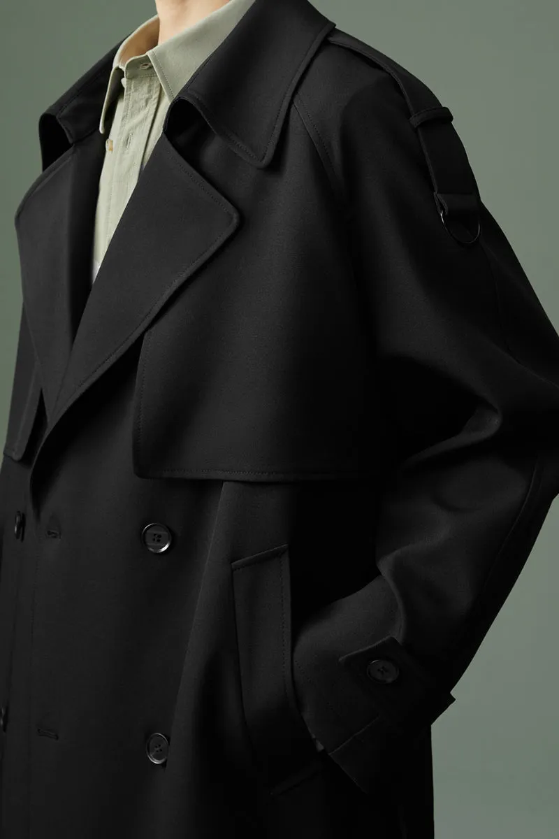 Classic London Style Mid-length Double Breasted Black Trench Coat