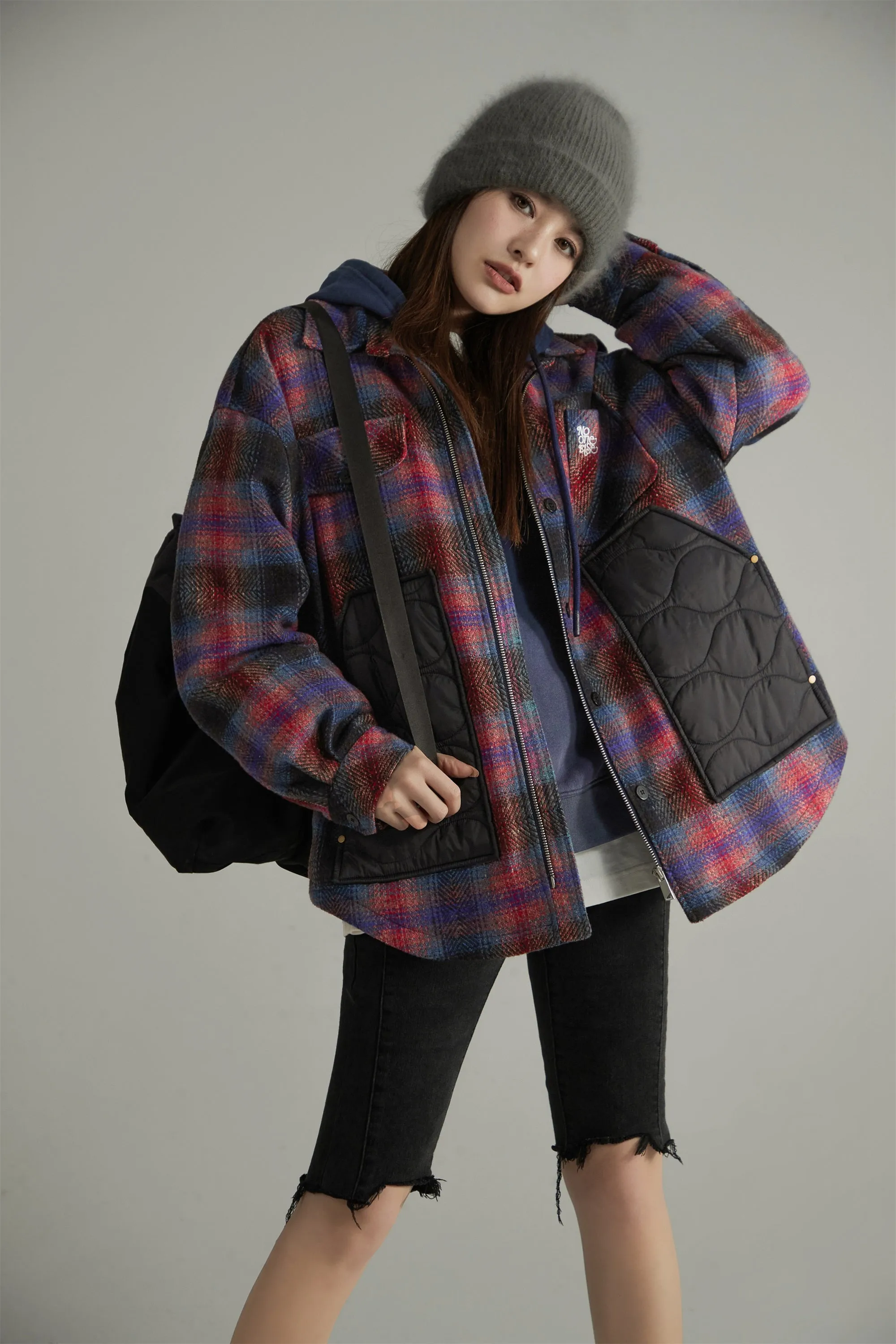 Color Block Check Loose Fit Coat