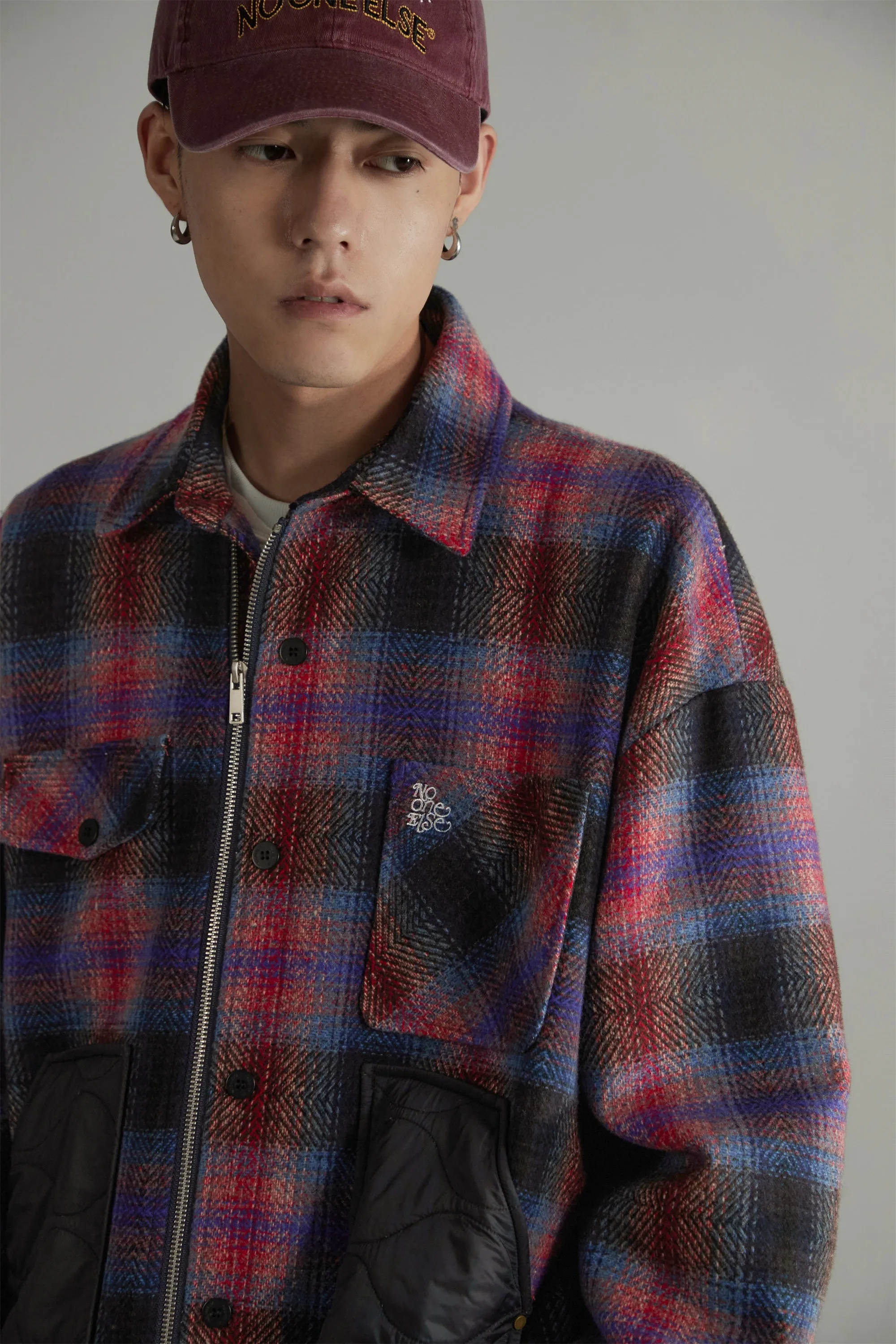 Color Block Check Loose Fit Coat