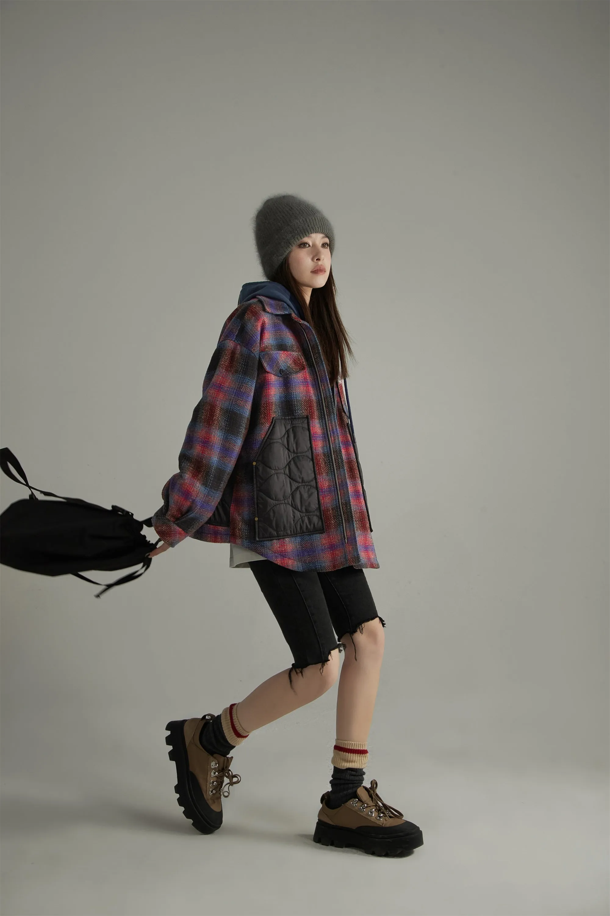 Color Block Check Loose Fit Coat