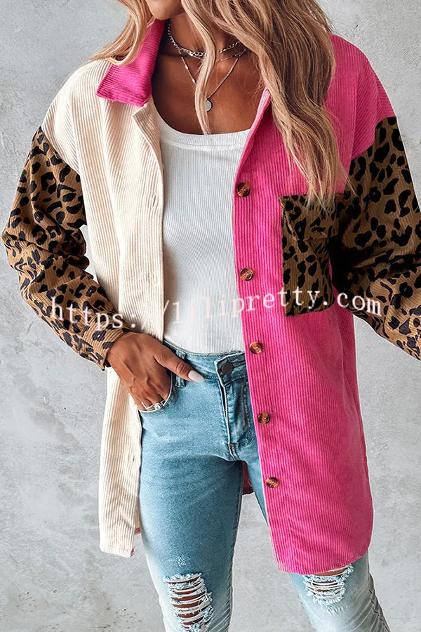 Colorblock Leopard Print Corduroy Long Sleeved Button Down Coat