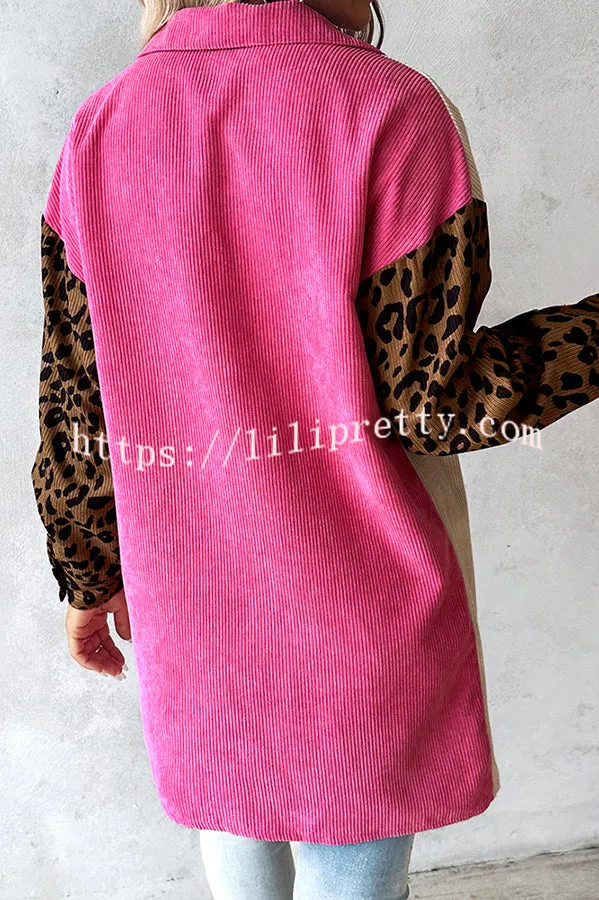 Colorblock Leopard Print Corduroy Long Sleeved Button Down Coat