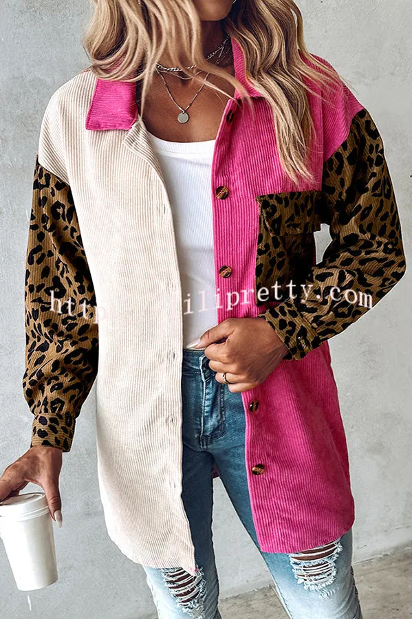 Colorblock Leopard Print Corduroy Long Sleeved Button Down Coat