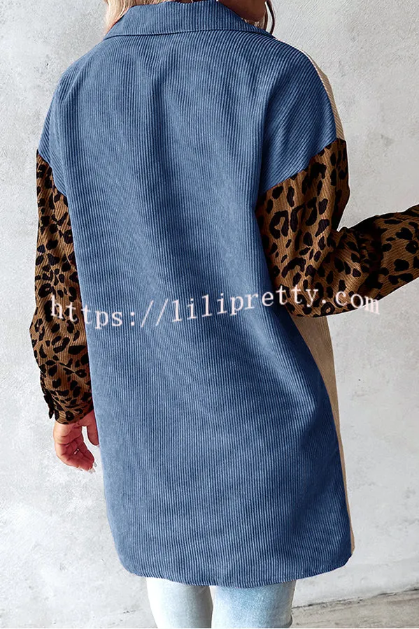 Colorblock Leopard Print Corduroy Long Sleeved Button Down Coat