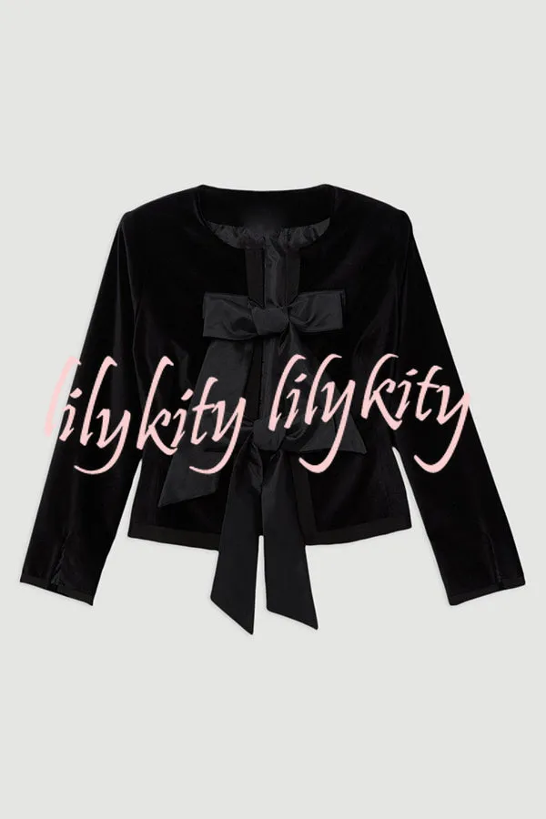 Cue The Cocktails Velvet Tailored Taffeta Bow Detail Peplum Jacket