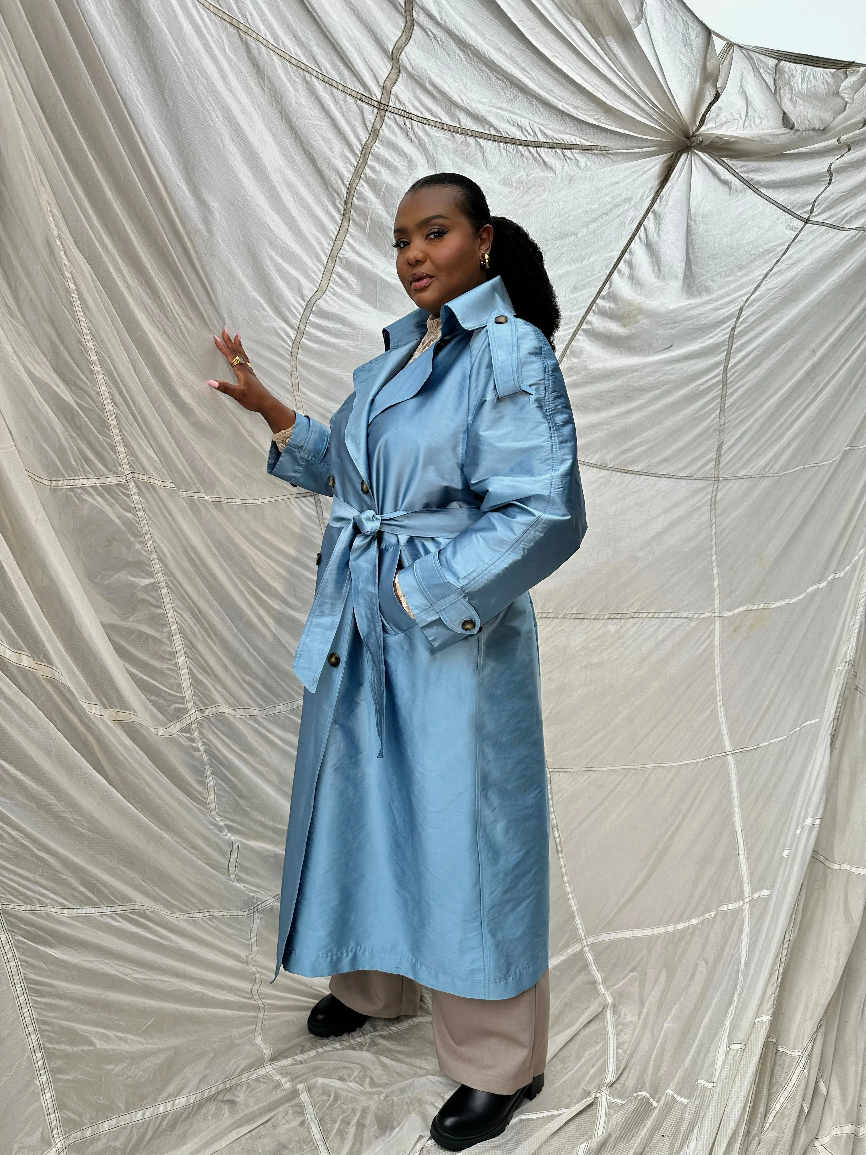 Delia Long Oversized Trench- Pale Blue