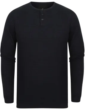 Deluca Henley Neck Textured Jumper In Dark Navy - Dissident