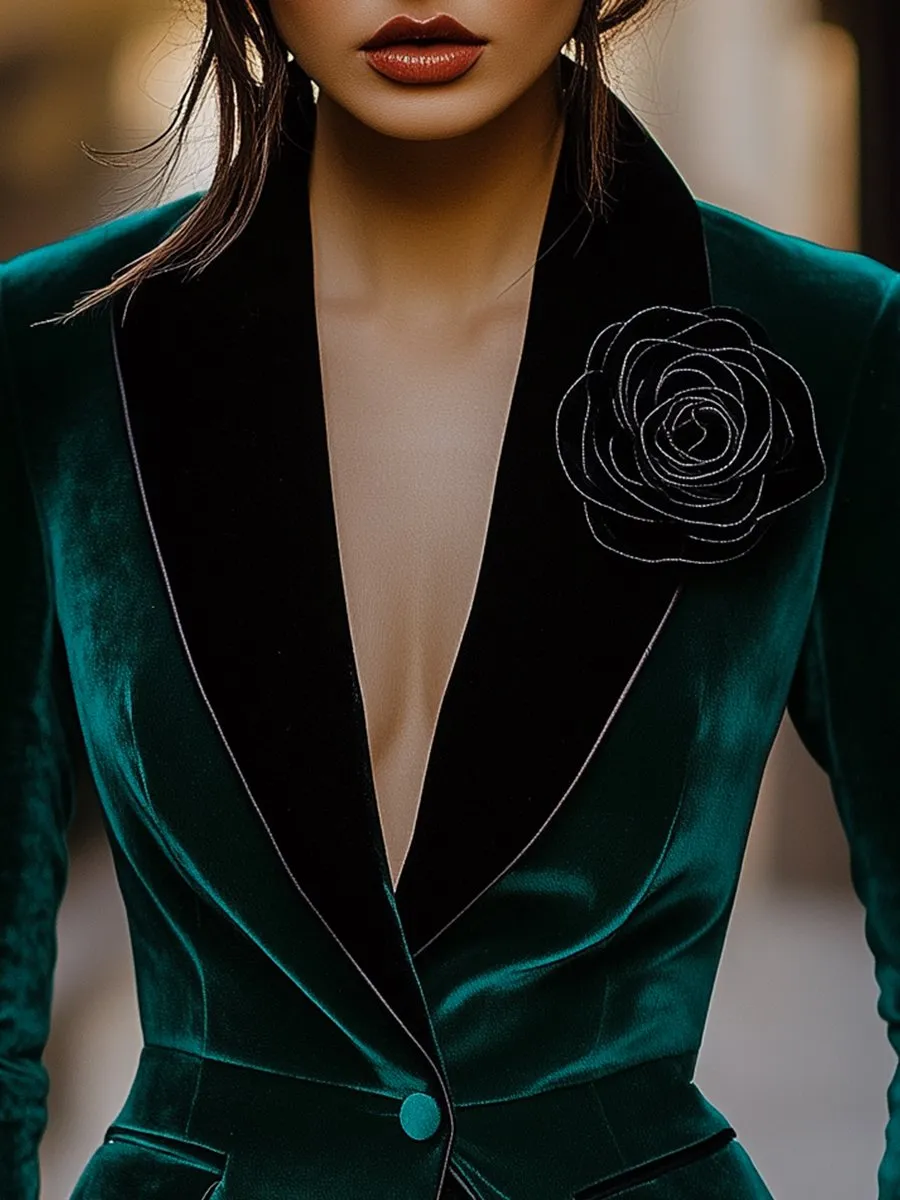 Emerald Velvet Blazer with Satin Lapels and Rose Embroidery