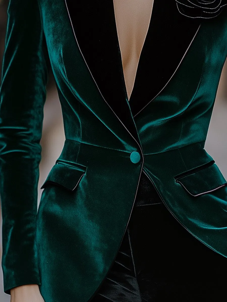 Emerald Velvet Blazer with Satin Lapels and Rose Embroidery