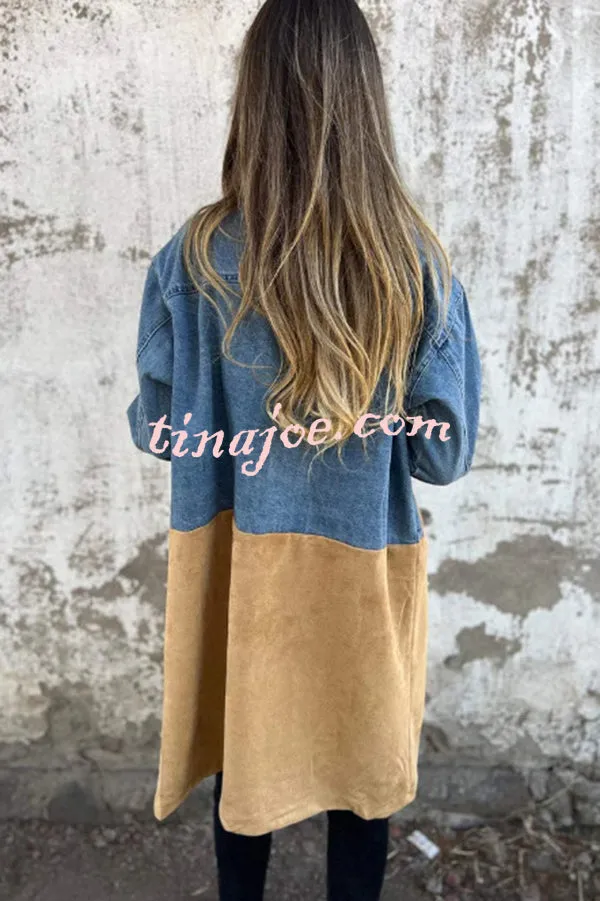 Fashion Lapel Long Sleeve Pocket Mid-length Denim Patchwork Jacket